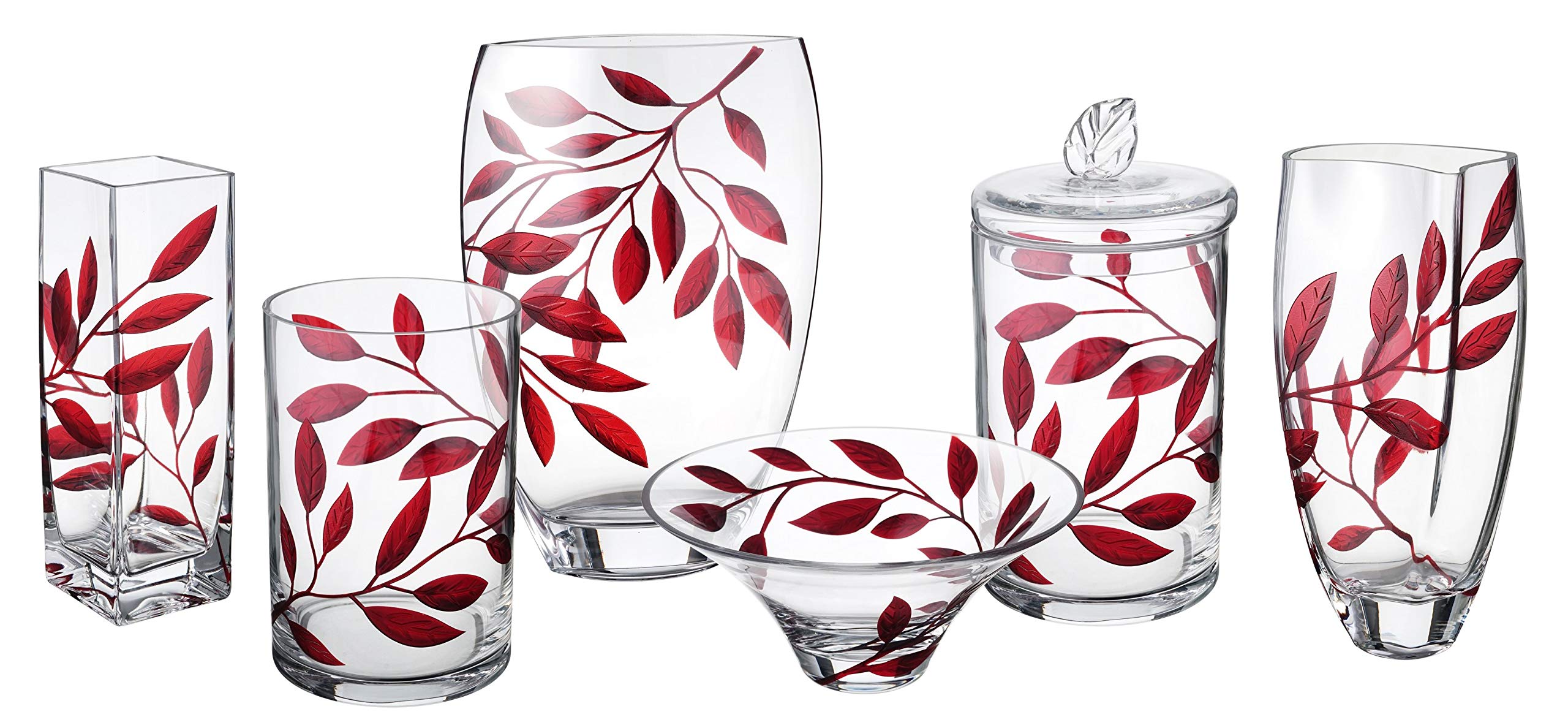 Large 11.8 Inch Hand Blown Glass Vase with Sandblasted Ruby Leaf Design - Premium Clear Unleaded Glass Centerpiece in Golden Gift Box - Elegant Home Decor for Living Room, Wedding, Dining Table Decoration