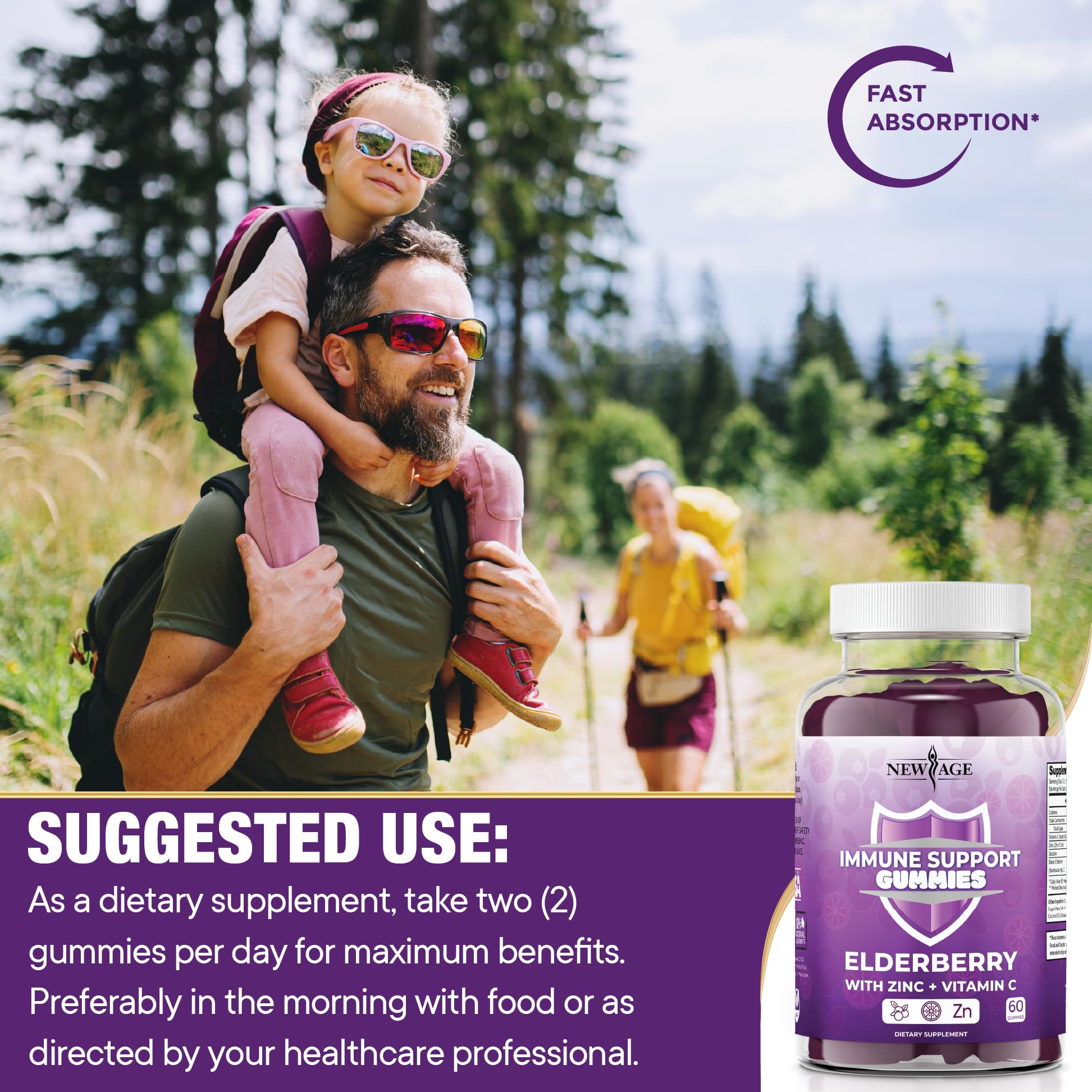 NEW AGE Immune System Support Gummies - Sambucus Black Elderberry Gummies with Vitamin C & Zinc for Immunity Boost (120 Count) | Daily Immune Support Supplement for Adults & Kids | Perfect for Cold & Flu Season