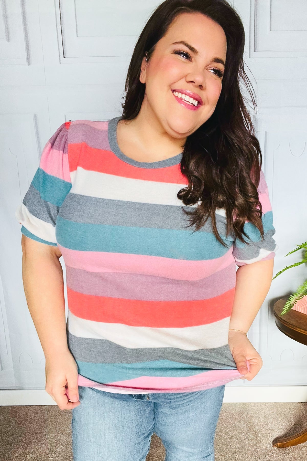 Look Out Teal & Rose Striped Hacci Knit Puff Sleeve Top | Women's Fashion Blouse | Casual & Party Wear | Perfect for Date Nights & Office Outfits