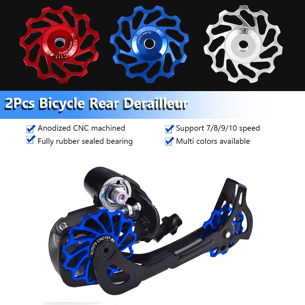 VGEBY 2Pcs Ceramic Bearing Bicycle Derailleur Pulley Wheels - 11T & 13T Replacement Set (Blue 11T) - High-Speed Road Bike Rear Derailleur Upgrade - Smooth Shifting for Mountain & Road Bikes