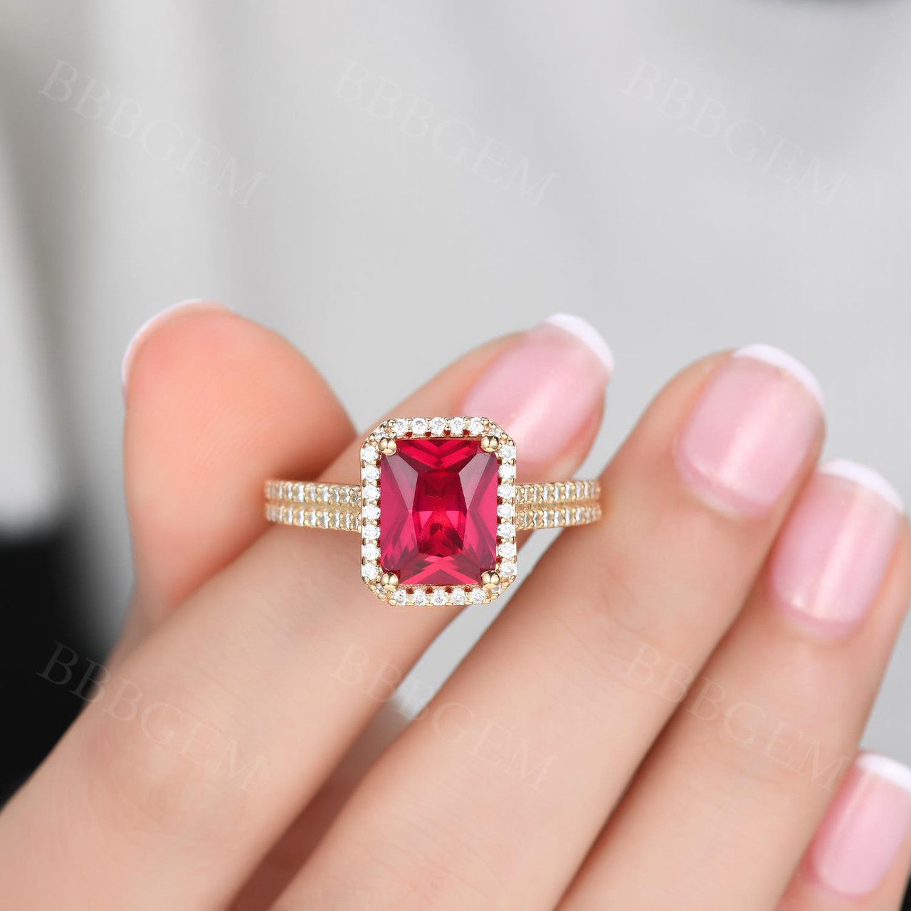 Vintage 8X10mm Yellow Gold Ruby Engagement Ring with Diamond Halo Wedding Band - 4 Carat Genuine Ruby & Diamond Ring for Women, Perfect for Proposals, Anniversaries & Special Occasions