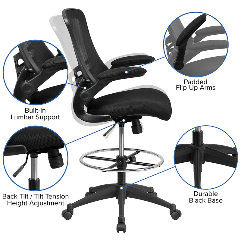 FLASH Kelista Mid Back Black Mesh Ergonomic Drafting Chair with Adjustable Foot Ring & Flip-Up Arms - Perfect for Architects, Artists & Office Workstations