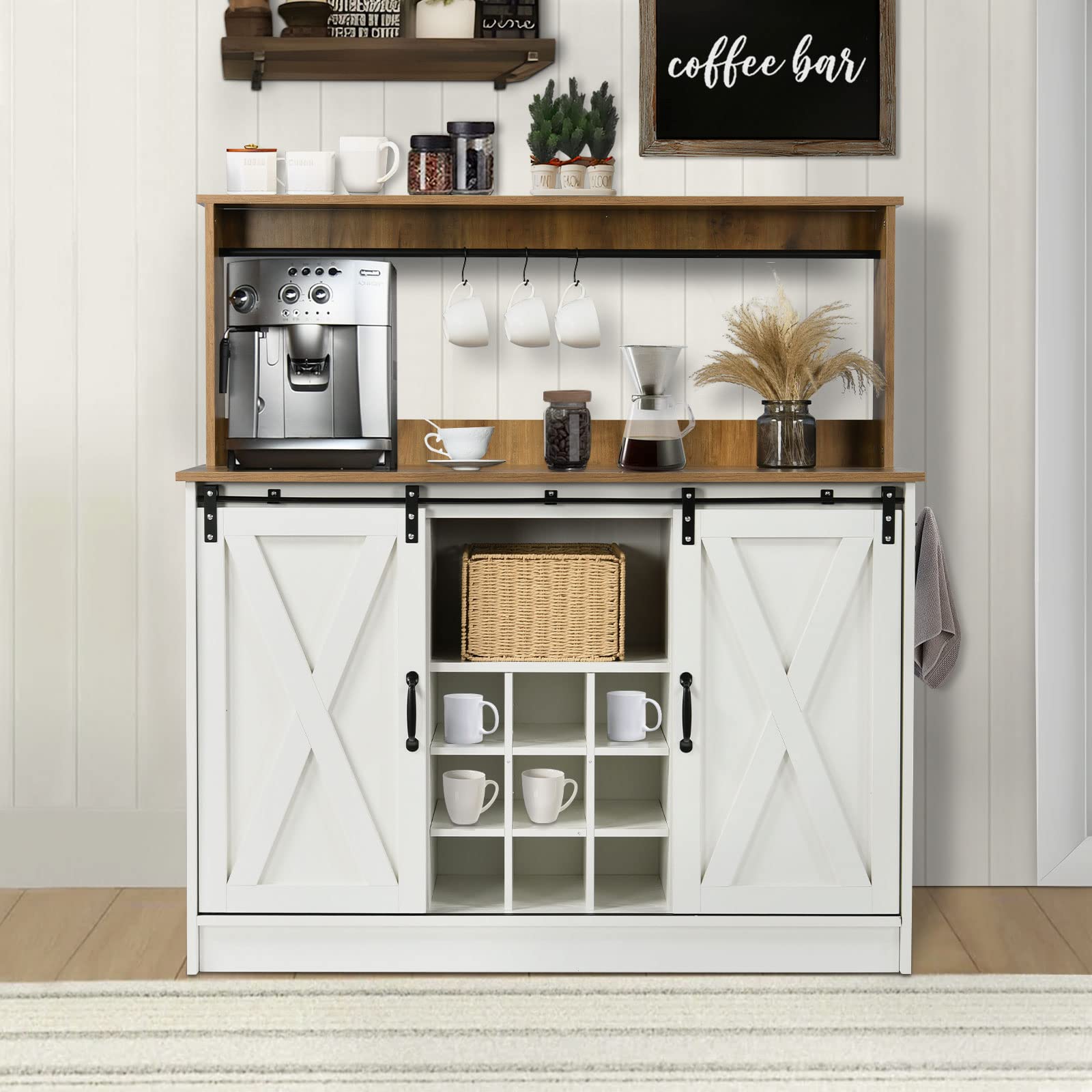 Farmhouse Coffee Bar Cabinet with 6 Hooks & 9 Wine Racks - 47