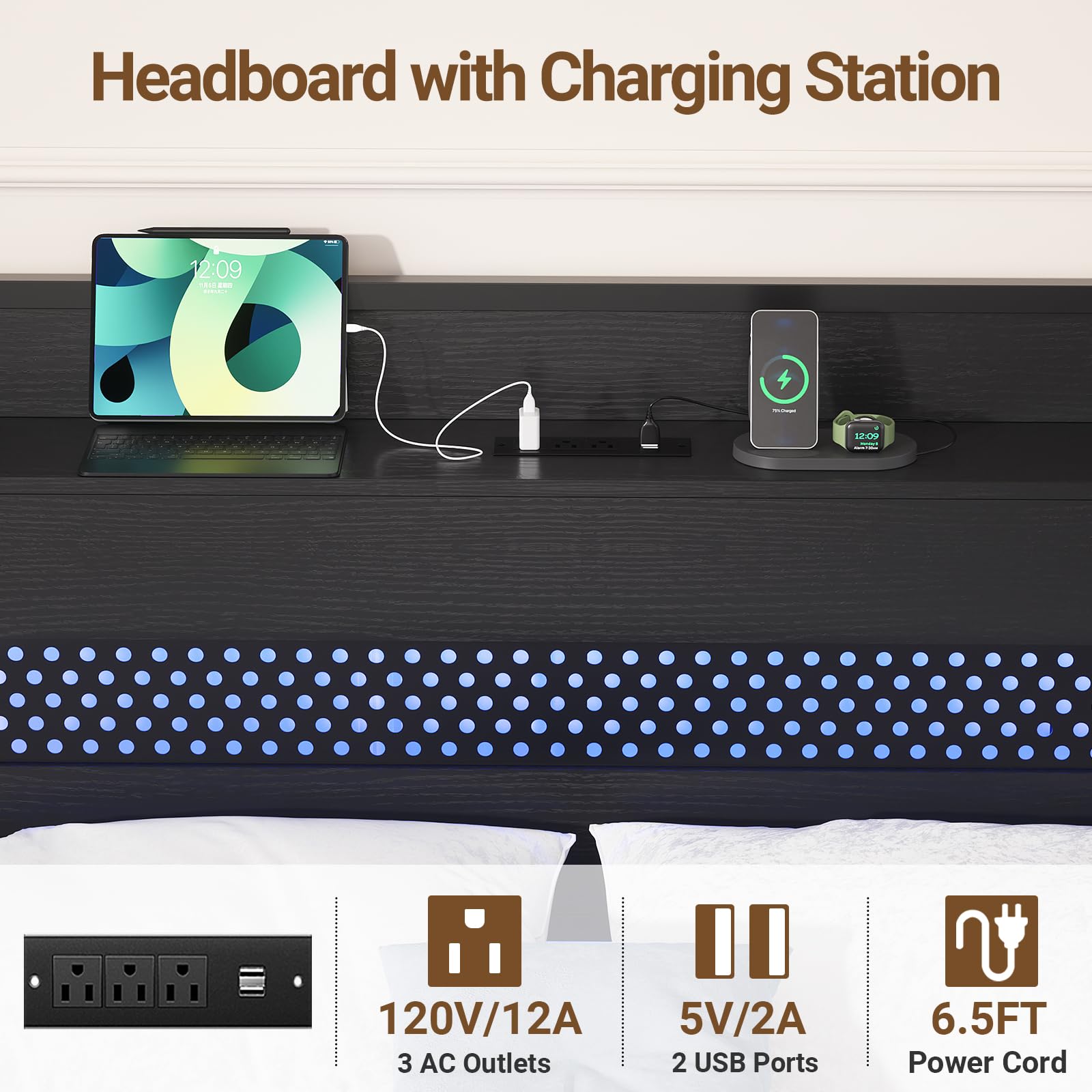 Aheaplus Full Size Headboard with USB Ports, Power Outlets & LED Lights - Adjustable Height, Storage Shelf, Sturdy Metal Frame - Perfect for Bedroom, Dorm, Guest Room (Black)