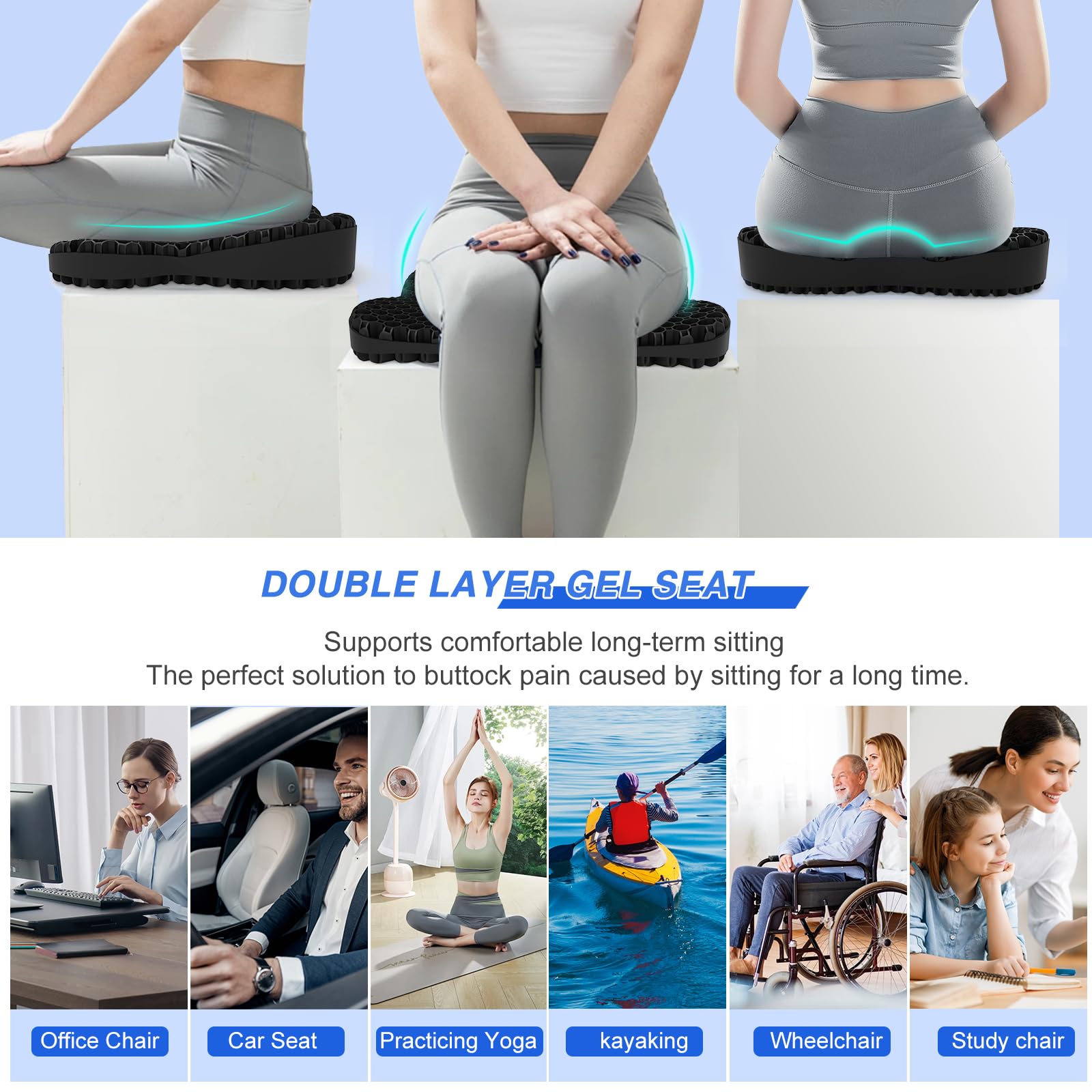 19.7in Thickened Gel Seat Cushion for Office Chair, Wheelchair & Car - Cooling Comfort for Back Pain, Sciatica & Tailbone Relief - Perfect for Long Sitting at Work, Driving or Home Use