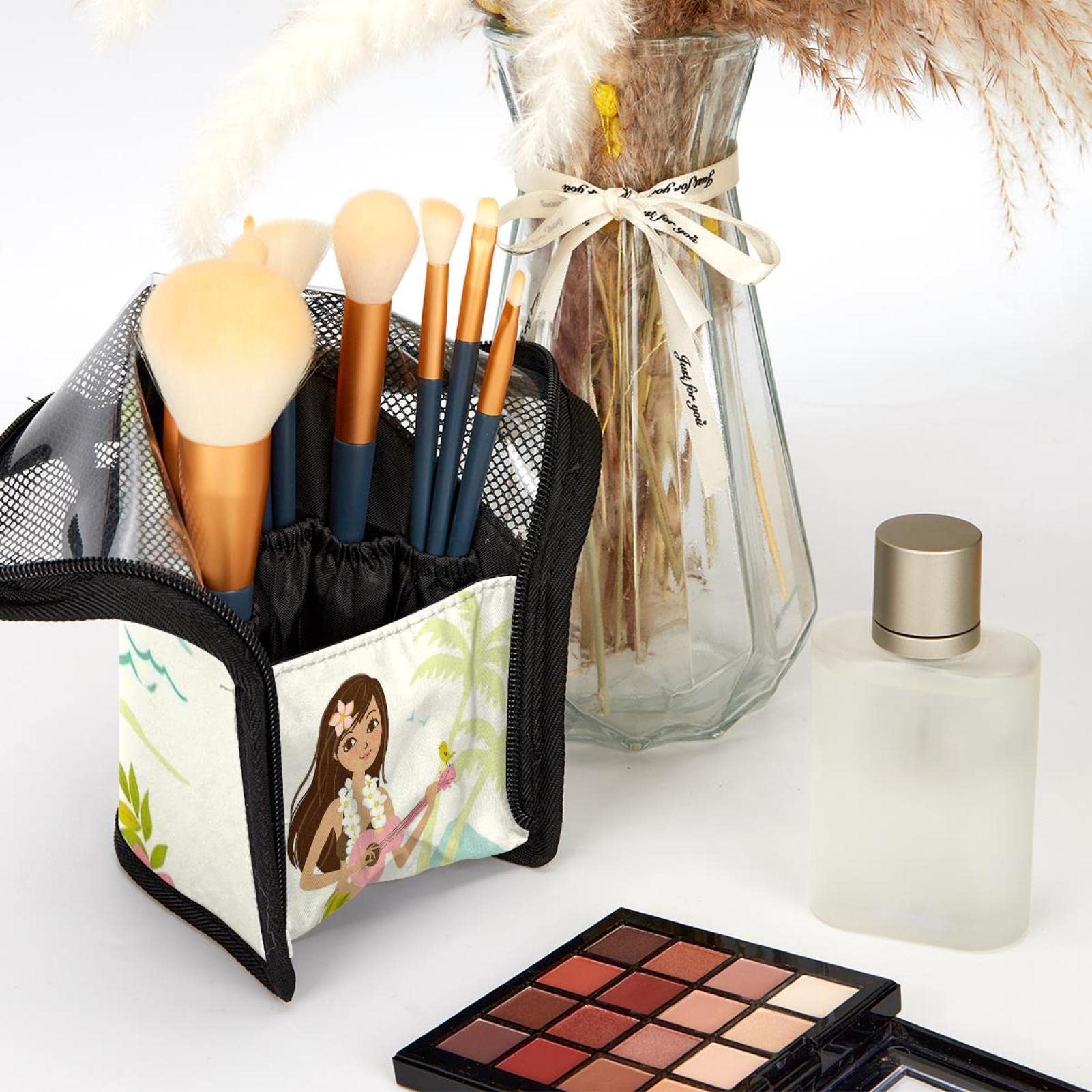 12-Piece Makeup Brush Organizer Bag with Portable Holder Case - Aloha Girl in Grass Skirt Beach Design - Perfect for Travel, Home Storage & Makeup Artists