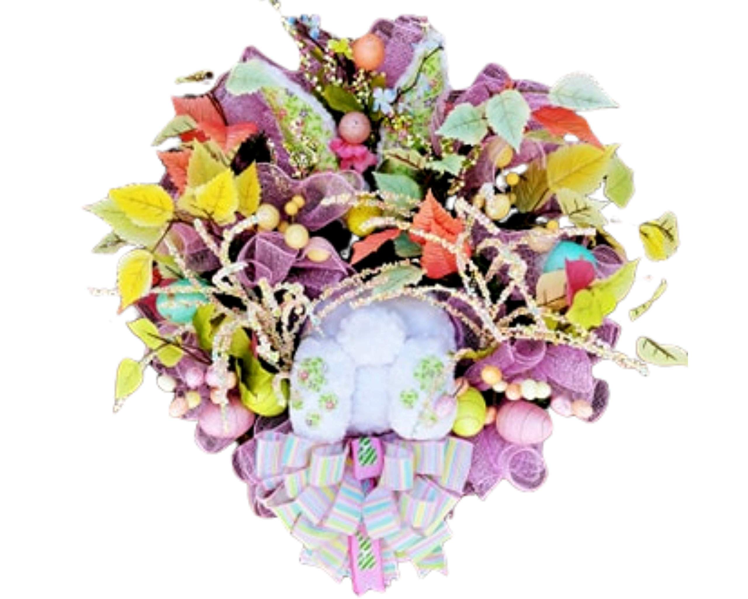 Easter Bunny Wreath with Bunny Tail & Egg Decorations - Spring Floral Door Wreath for Easter Home Decor, Front Door, Wall Hanging, and Party Decorations