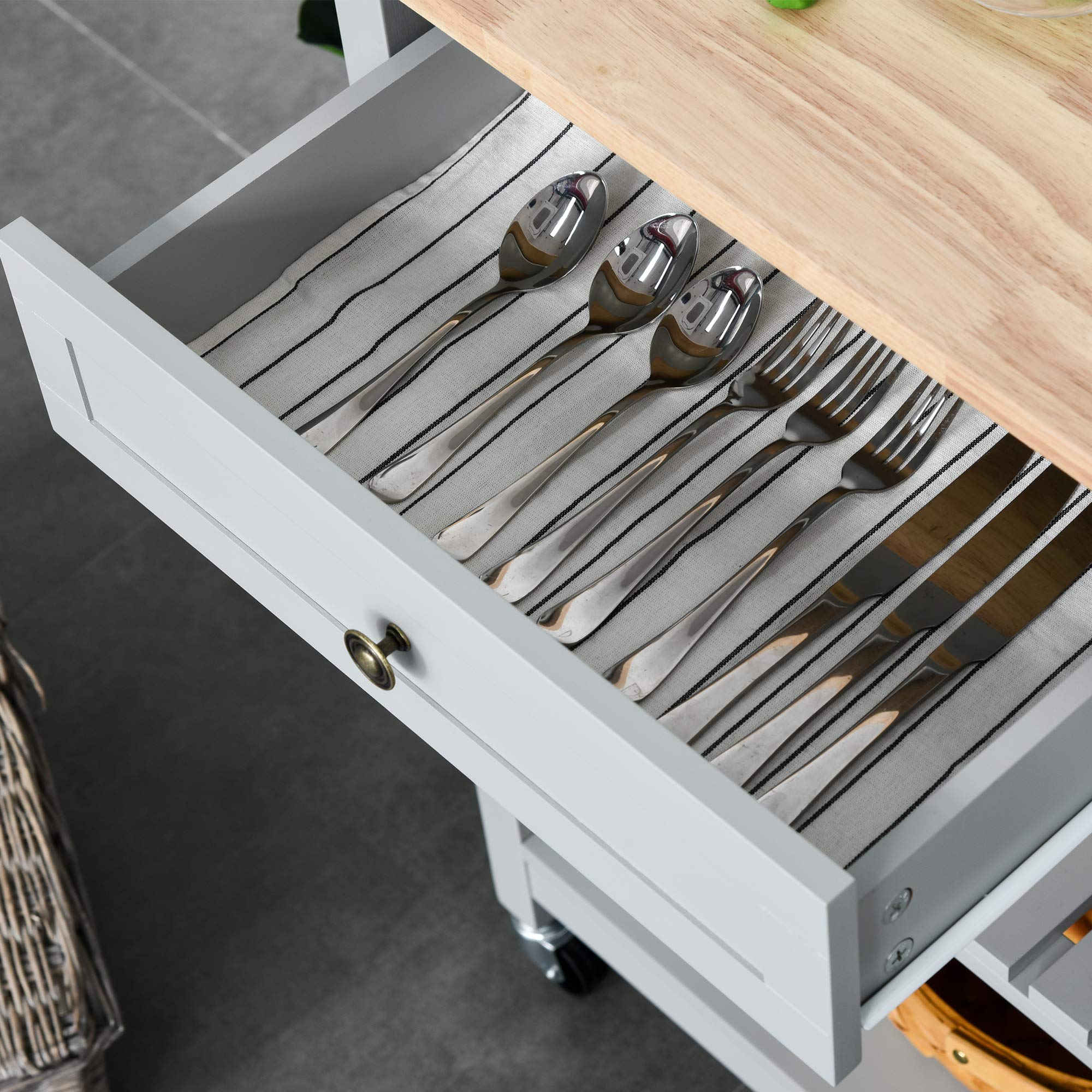 HOMCOM Rolling Kitchen Island with Storage - Solid Wood Top, Glass Door Cabinet, Adjustable Shelf & 2 Drawers - Mobile Kitchen Cart with Towel Rack for Dining Room & Small Spaces - Perfect for Meal Prep, Extra Counter Space & Organized Storage (Gray)