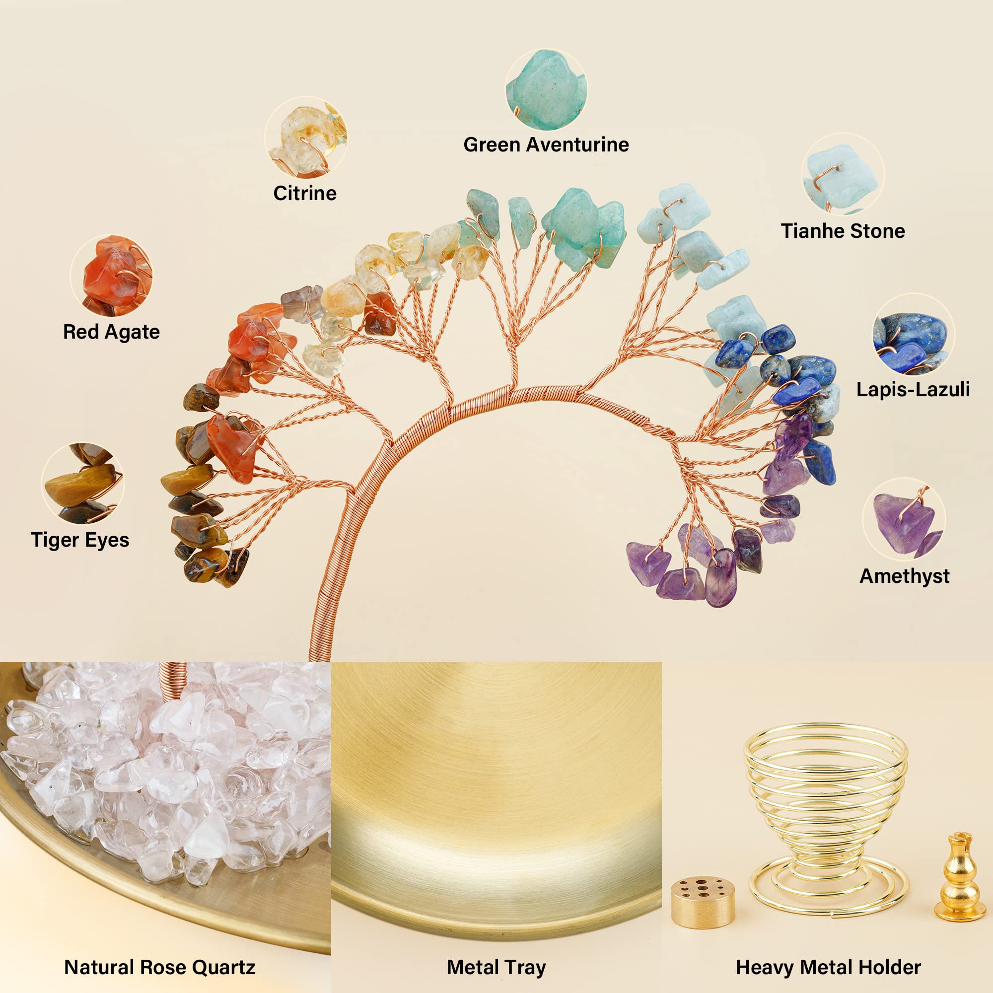 ZenBless 7 Chakra Crystal Tree Incense Holder - Palo Santo & Sage Burner with Brass Ash Catcher (5.5 inches) for Incense Sticks, Coils & Cones - Perfect for Yoga, Meditation, Spiritual Healing & Home Decor
