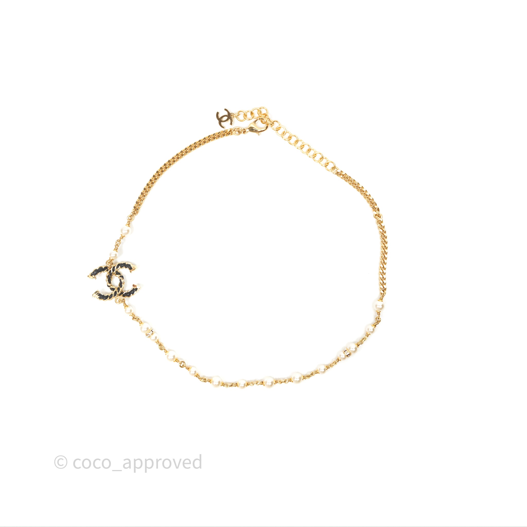 Chanel Black Leather CC Pearl Crystal Necklace - 24K Gold Tone Luxury Jewelry for Women | Perfect for Evening Parties, Weddings & Special Occasions
