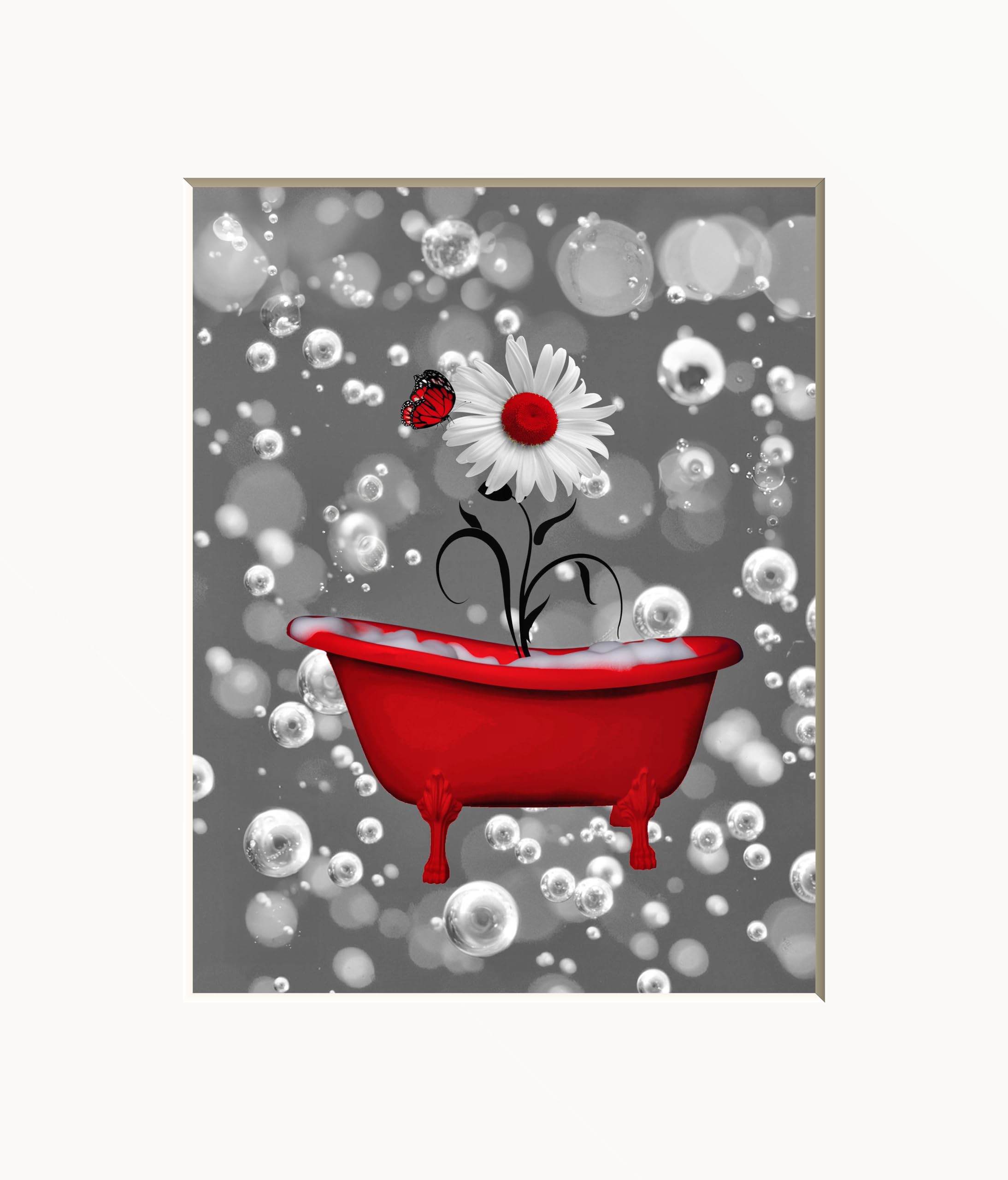 Red Daisy Flower Bubble Bath Wall Art Print - 8x10 Picture with 11x14 Mat - Vintage Bathroom Decor for Modern Homes - Perfect for Bathroom, Spa, or Bedroom Wall Decor