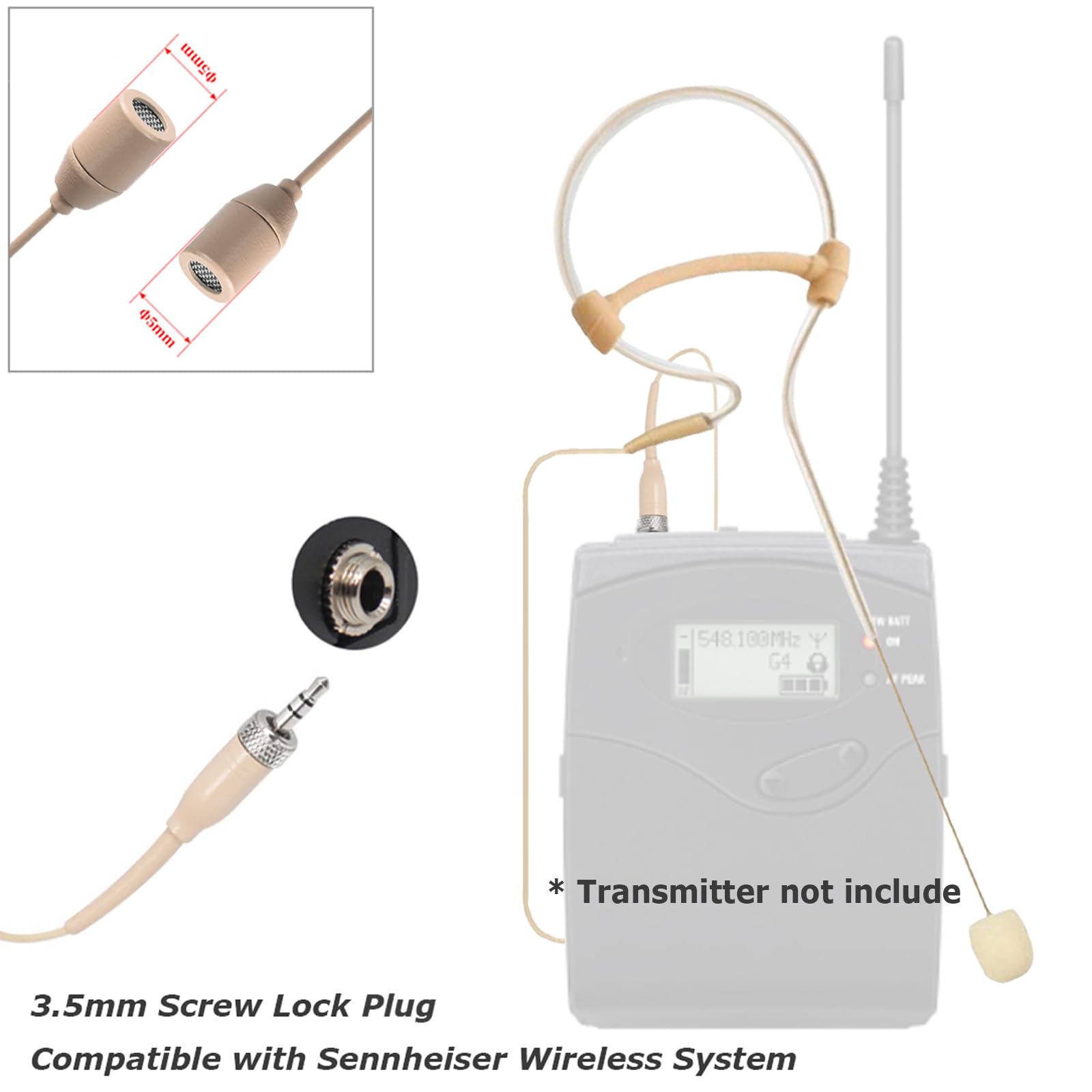 Single Earset Headset Microphone - Over Ear Hanging Condenser Omnidirectional Mic for Sennheiser Wireless Bodypack System with 3.5mm Female Screw Plug - Perfect for Live Performances, Broadcasting & Public Speaking