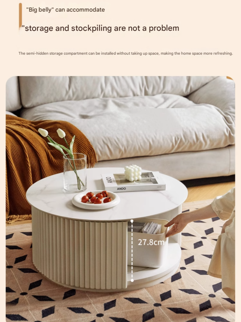 Birch Solid Wood Cream Style Rock Plate Coffee Table - Modern Scandinavian Living Room Furniture for Small Spaces, Home Decor, and Cozy Gatherings