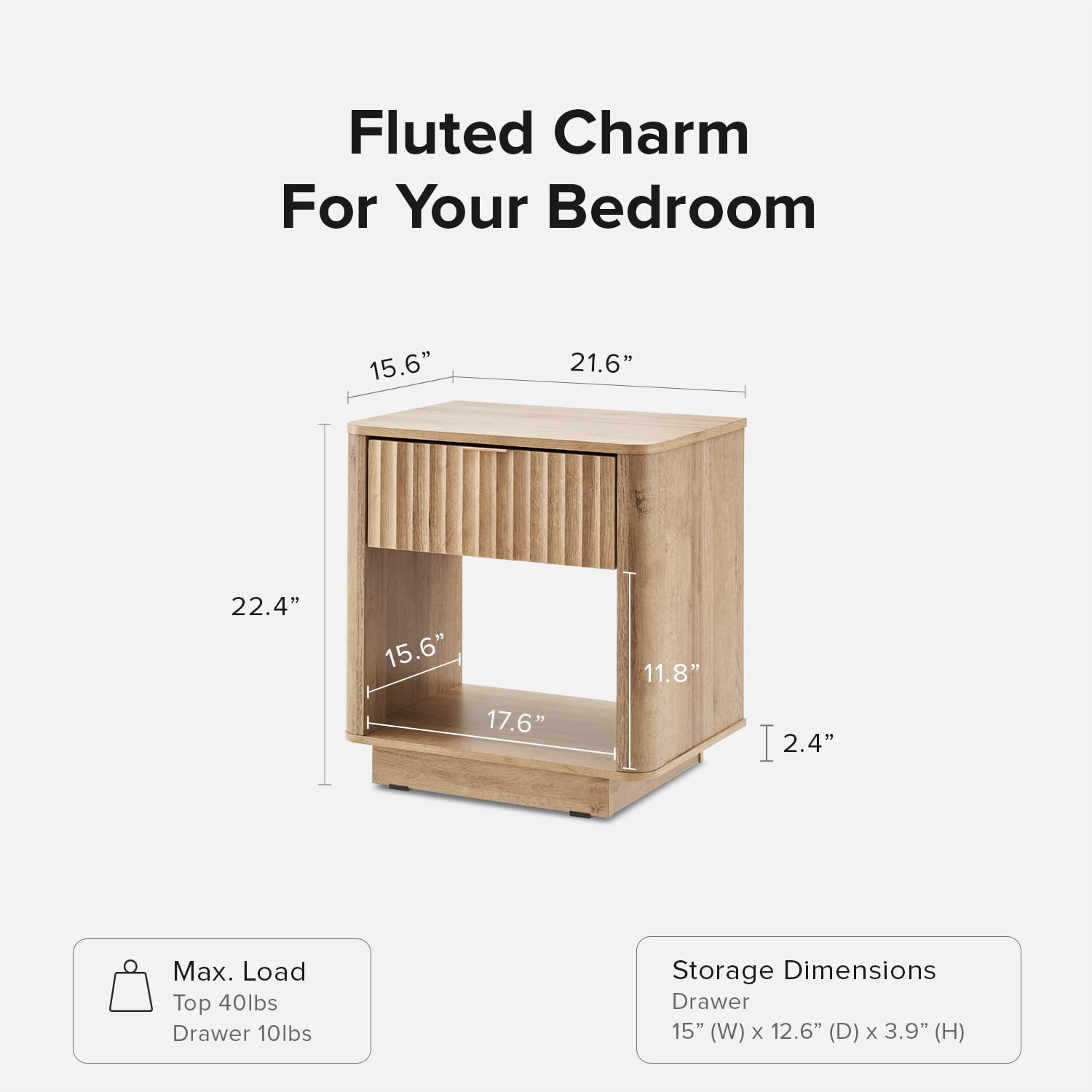Mopio Brooklyn Night Stand - Modern Farmhouse Bedside Table with Drawer & Fluted Panel, Small End Table with Storage, Curved Profile (Golden Oak, Set of 2) - Perfect for Bedroom, Living Room, Guest Room & Apartment Decor