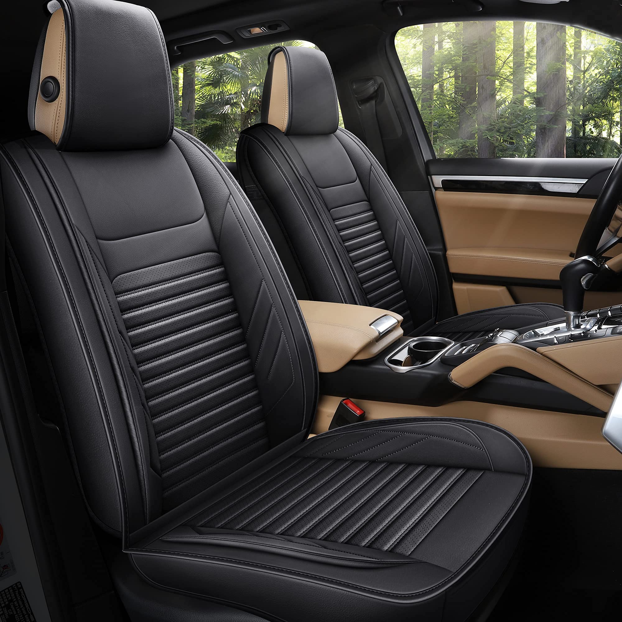 Premium AOOG Leather Car Seat Covers - Universal Fit Leatherette Auto Seat Protectors for Cars, SUVs & Trucks | Non-Slip Vehicle Interior Accessories (Full Set, Black) | Perfect for Daily Commute, Road Trips & Family Protection
