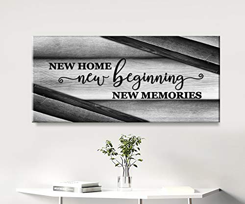 Wooden Framed Canvas Wall Art - Sense of Art New Home New Beginnings V15 - Rustic Religious Home Decor for Living Room, Housewarming Gift (Grey, 60x27 inches) - Perfect for Farmhouse, Apartment & Office Decor