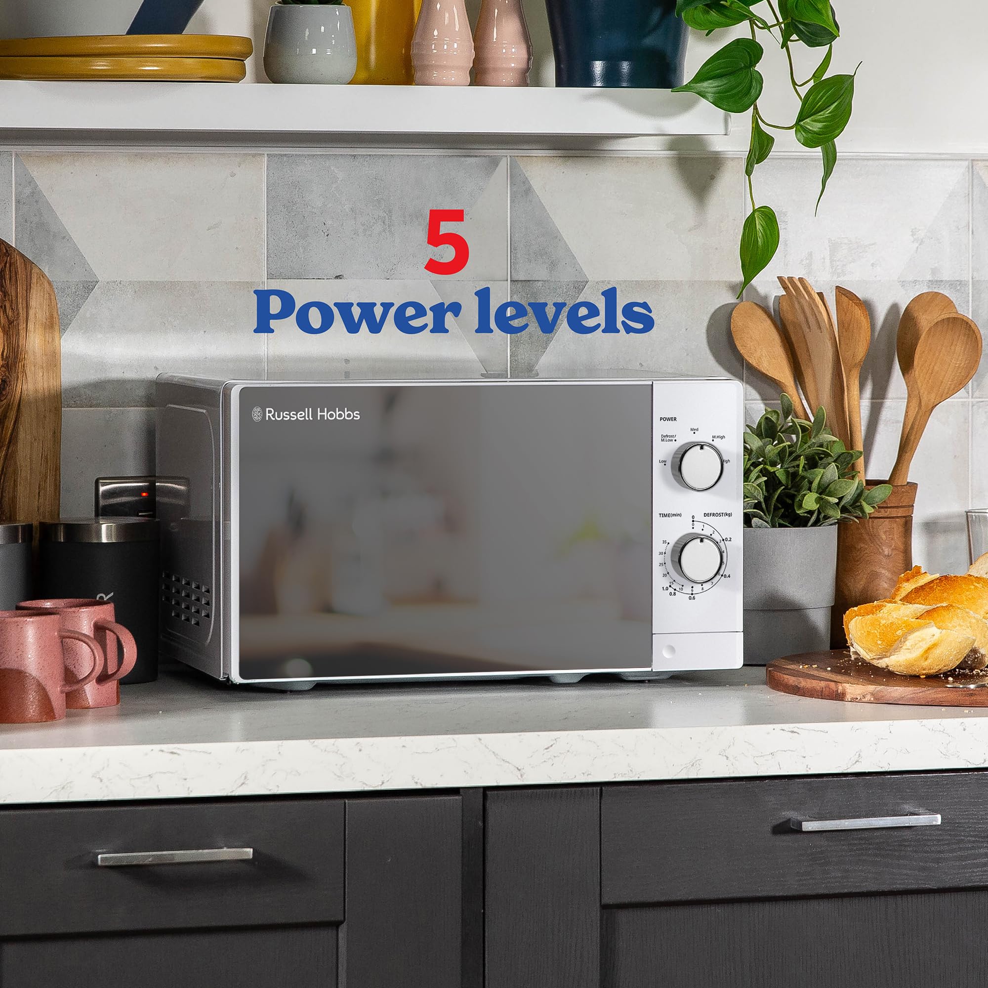 Russell Hobbs 20L 800W White Manual Microwave Oven - 5 Power Levels, Timer & Defrost Function, Easy Clean RHM2027 - Perfect for Small Kitchens, Dorms & Office Break Rooms