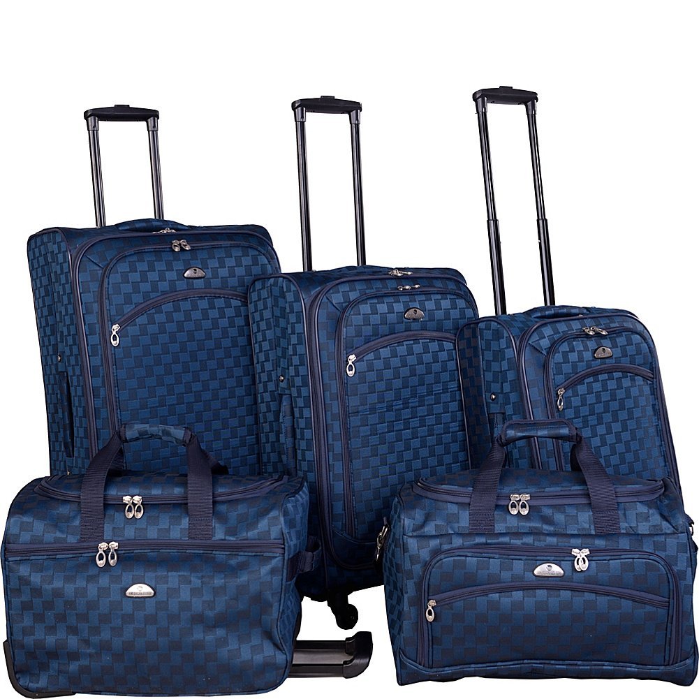 American Flyer Madrid 5-Piece Spinner Luggage Set - Black & Blue Carry-On Suitcase with 360° Wheels | Perfect for International Travel, Family Vacations & Business Trips