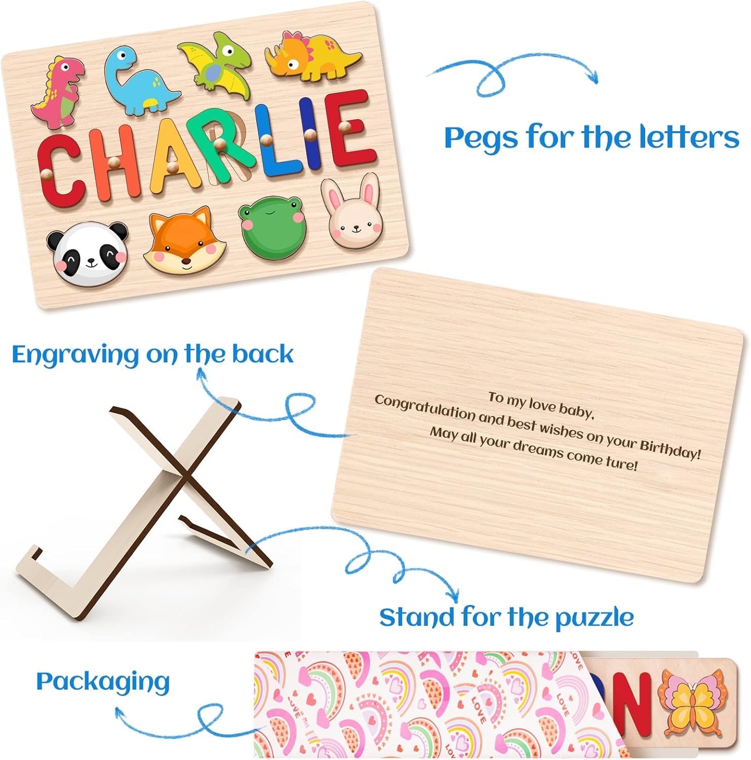 Personalized Wooden Name Puzzle for Kids - Custom Christmas, Easter & 1st Birthday Gifts - Early Learning Toys for Toddlers (Baby Boy & Girl) - Perfect for Easter Basket Stuffers, Nursery Decor & Preschool Education