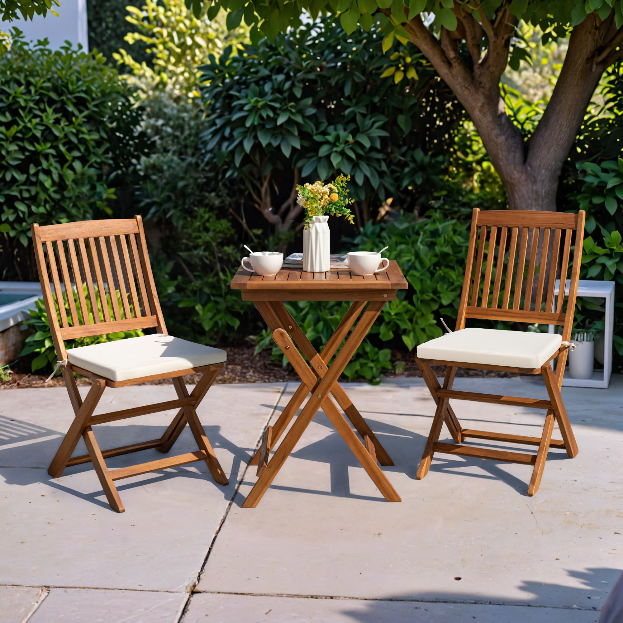 Greesum 3-Piece Acacia Wood Patio Bistro Set with 2 Cushions - Foldable Outdoor Furniture for Poolside, Beach, Backyard, Balcony, Porch & Garden - Perfect for Relaxing & Entertaining Guests Al Fresco