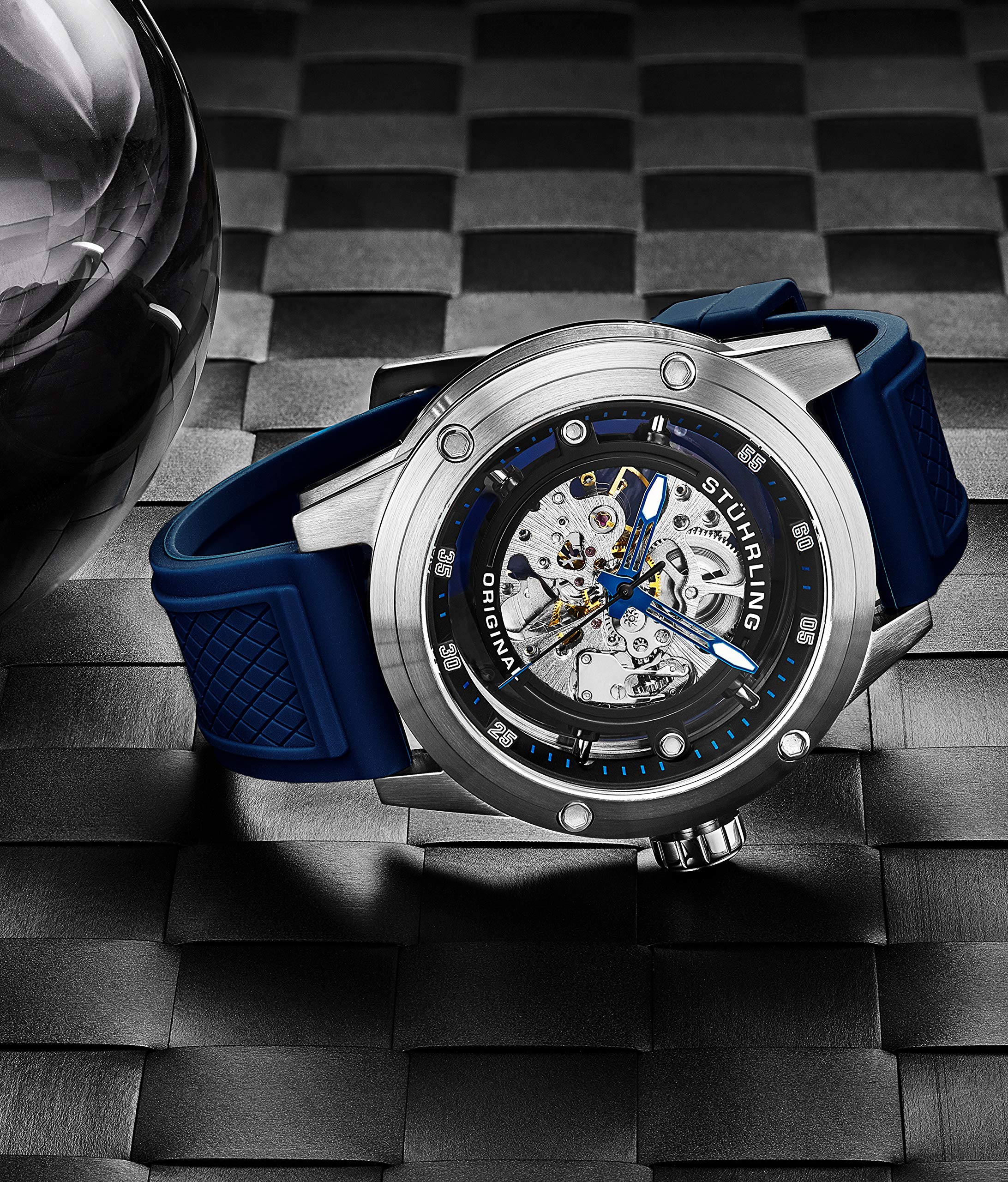 Stuhrling Original Men's Automatic Skeleton Watch - 50mm Stainless Steel Self-Winding Dress Watch with Rubber Strap - Perfect for Business, Formal Events & Everyday Wear
