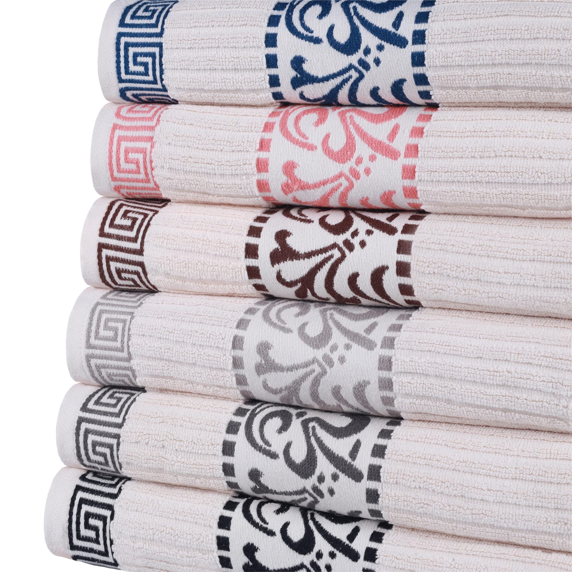 Premium 8-Piece Cotton Bath Towel Set with Greek Key Design - Ultra Absorbent Hand, Face & Bath Towels for Bathroom, Spa & Guest Use - Athens Collection in Ivory & Chrome - Perfect for Home Decor & Luxury Bath Essentials