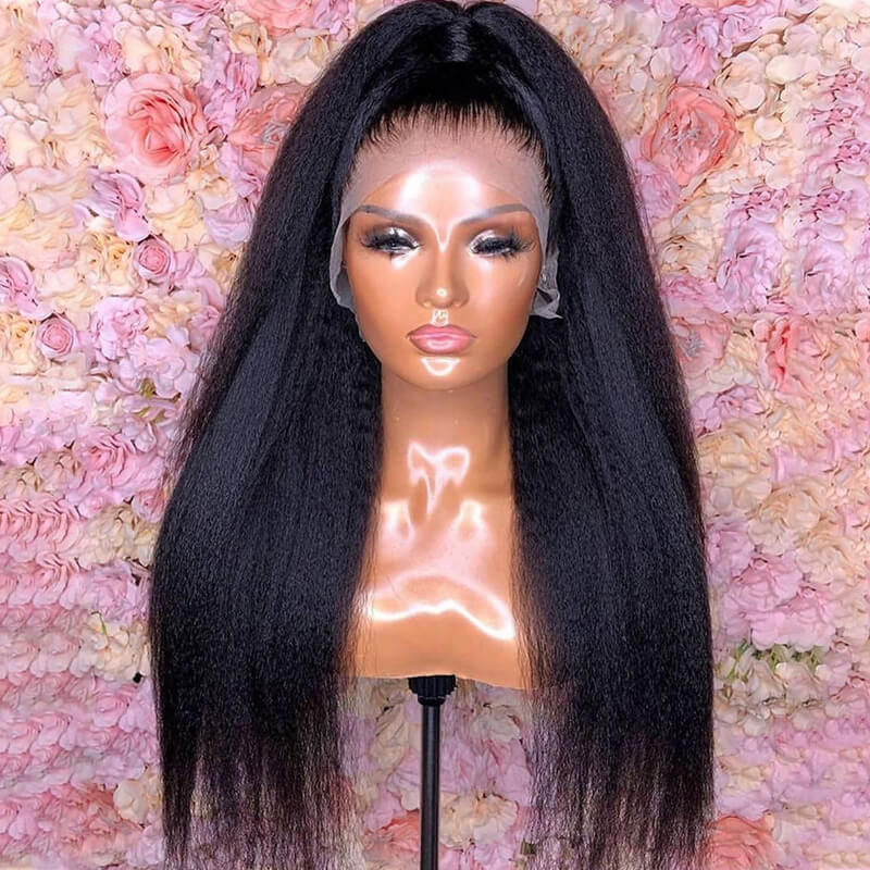 Kinky Straight Human Hair Wigs with Pre-Plucked Lace Frontal - Natural Looking & Breathable for Daily Wear, Parties & Cosplay
