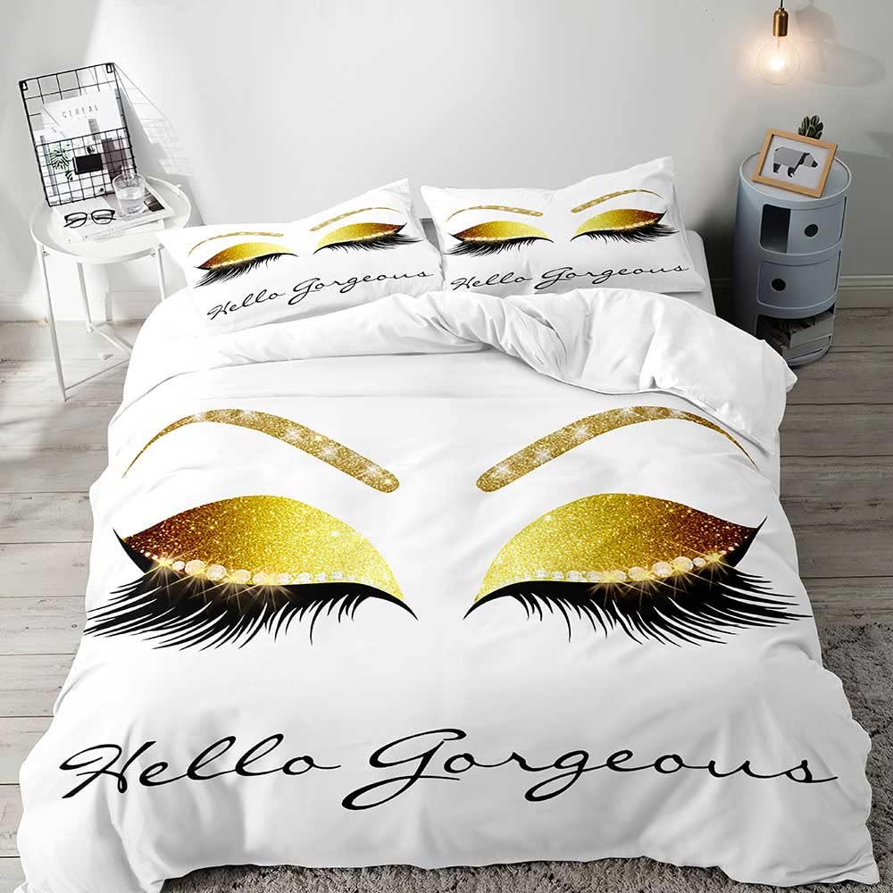 LUVIVIHOME 2PCS Hello Gorgeous Duvet Cover Set - Twin Size Luxury Gold Glitter Bling Glam Diamond Eyelash White Comforter Cover with 1 Pillowcase - Elegant Bedroom Decor for Women & Teen Girls - Perfect for Master Bedrooms, Guest Rooms & Dorm Decor