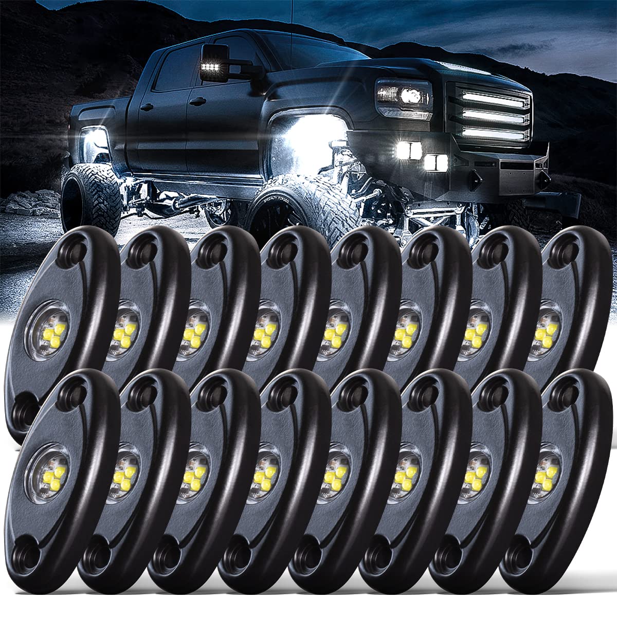 **16PCS R1 LED White Rock Lights - High Power Waterproof Shockproof Underglow Lights for Off Road Trucks, RZR, ATV, SUV, Cars & Boats - Perfect for Trail Rigs, Night Rides & Outdoor Adventures**