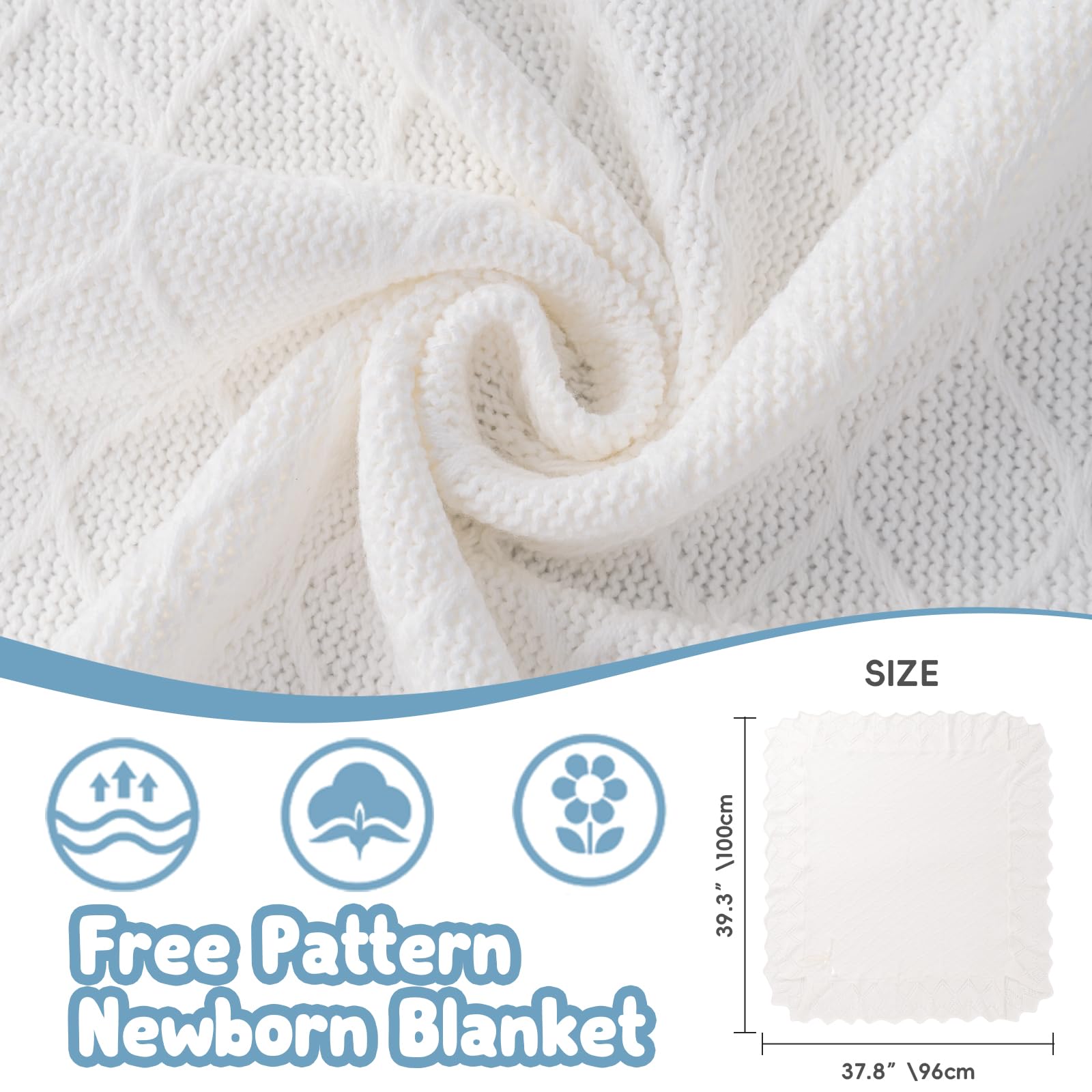 Booulfi Knit White Baby Blankets - Neutral Cotton Lace Crochet Crib & Stroller Blanket for Newborn Boys & Girls (38