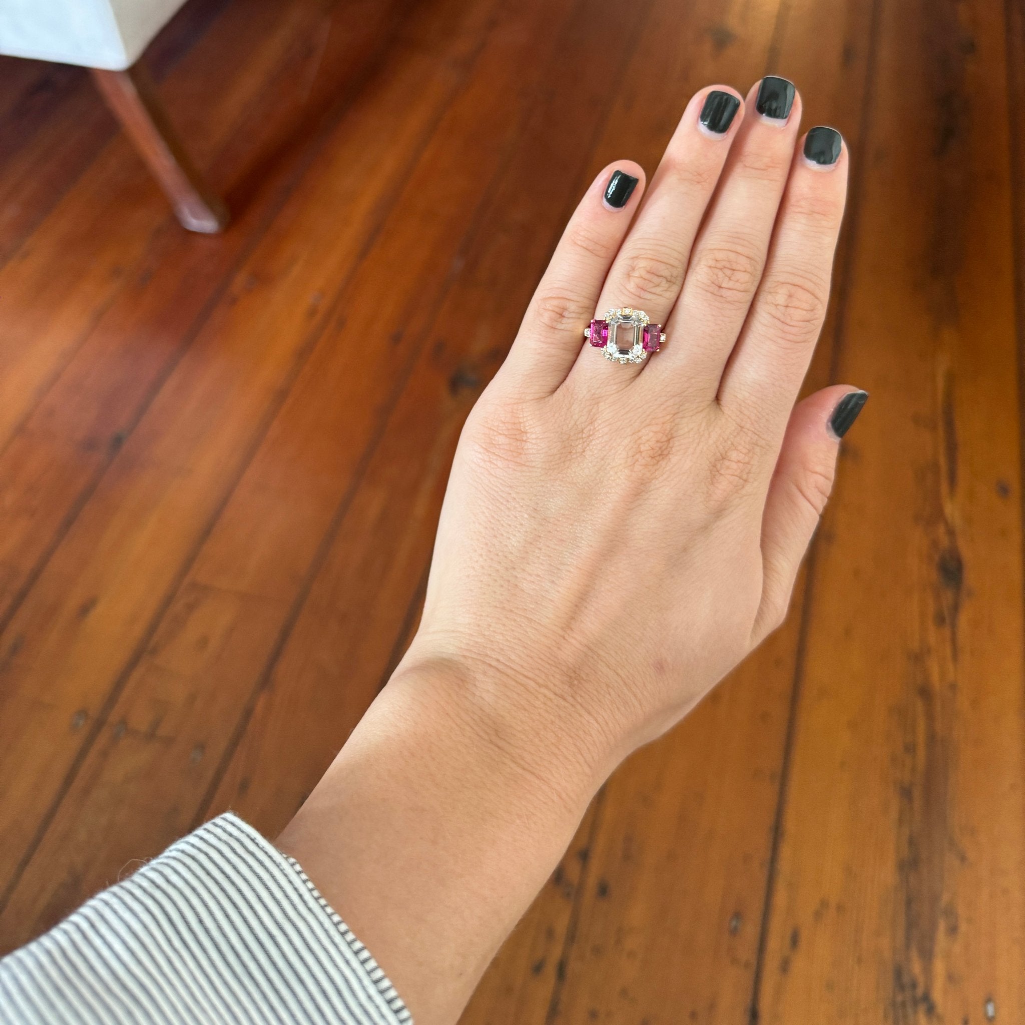 Goshwara 3 Stone Rock Crystal & Rubellite 18K Gold Ring for Women - Elegant Handmade Jewelry for Weddings, Anniversaries & Special Occasions