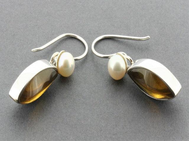 Elegant Almond-Shaped Amber & Freshwater Pearl Earrings in Sterling Silver - Perfect for Weddings, Parties & Special Occasions