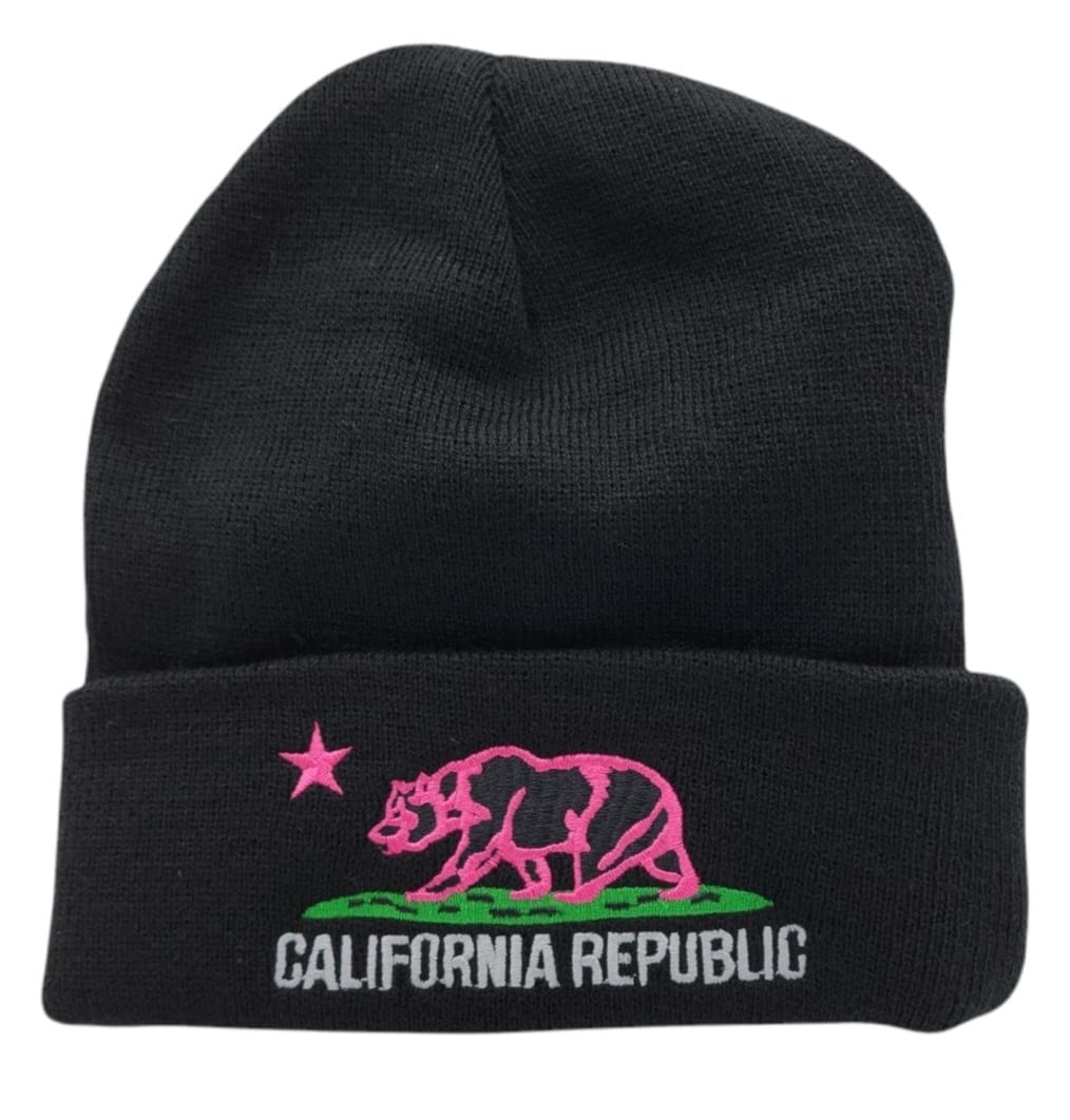 California Republic Bear Embroidered Winter Knit Beanie Hat with Foldable Cuff - Warm Unisex Skull Cap for Outdoor Activities, Skiing & Snowboarding