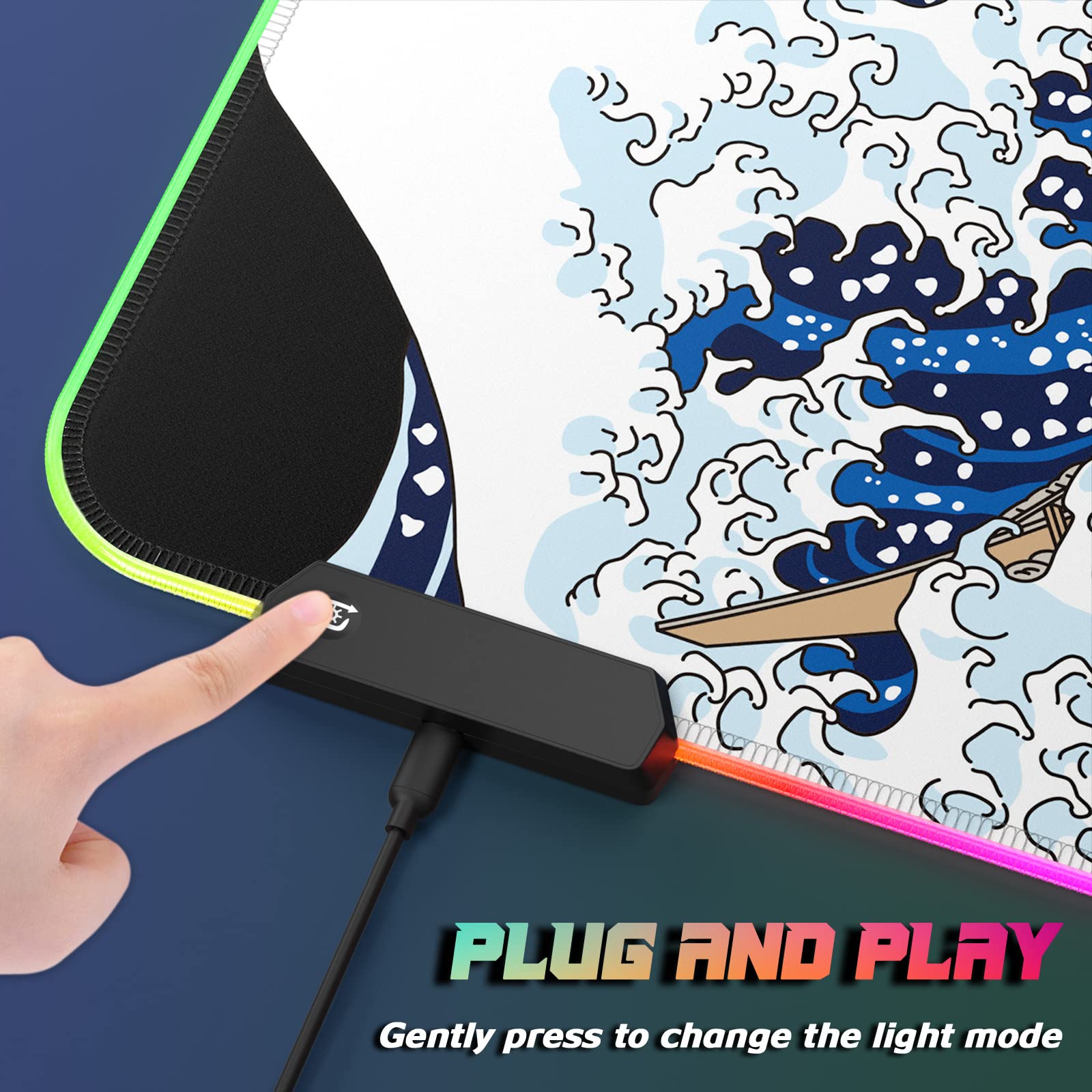 RGB Gaming Mouse Pad - Full Desk XL Extended Large LED Mousepad with 12 Lighting Modes | 30% Thicker Japanese Waves Design | 32 x 12 inches | Perfect for PC Gaming, Office Work & Home Computer Setup
