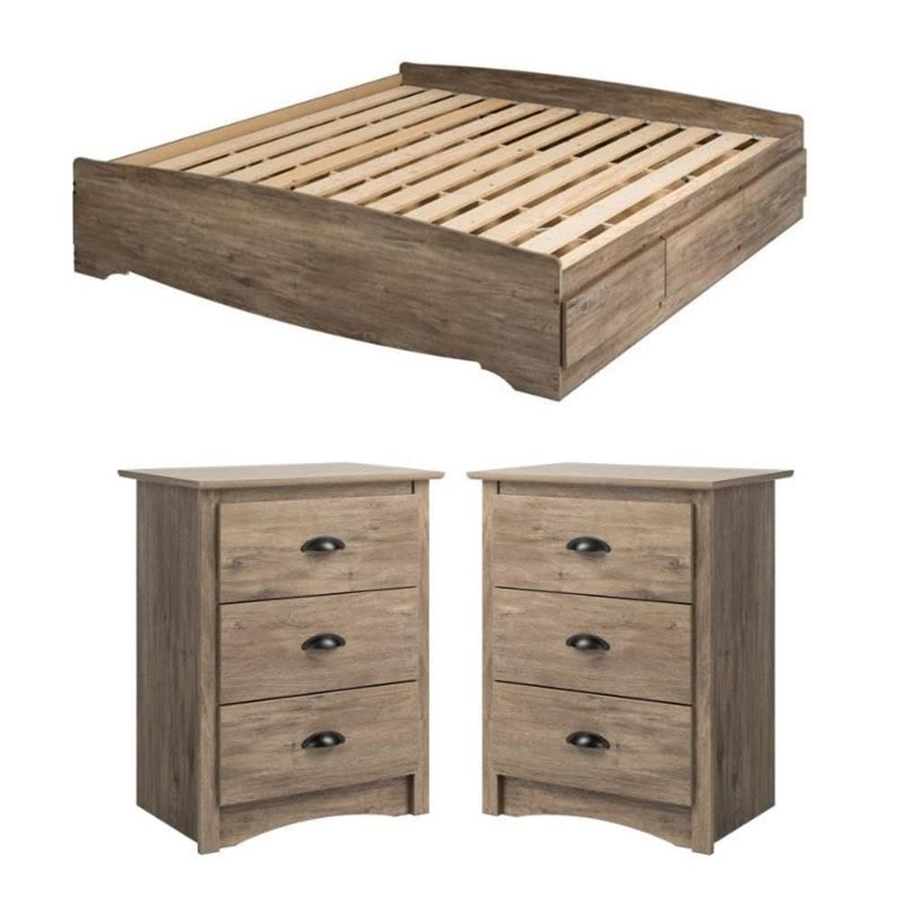 Home Square 3-Piece King Bedroom Set with Storage Platform Bed & 2 Nightstands with 3 Drawers - Perfect for Master Bedroom Organization & Space Saving