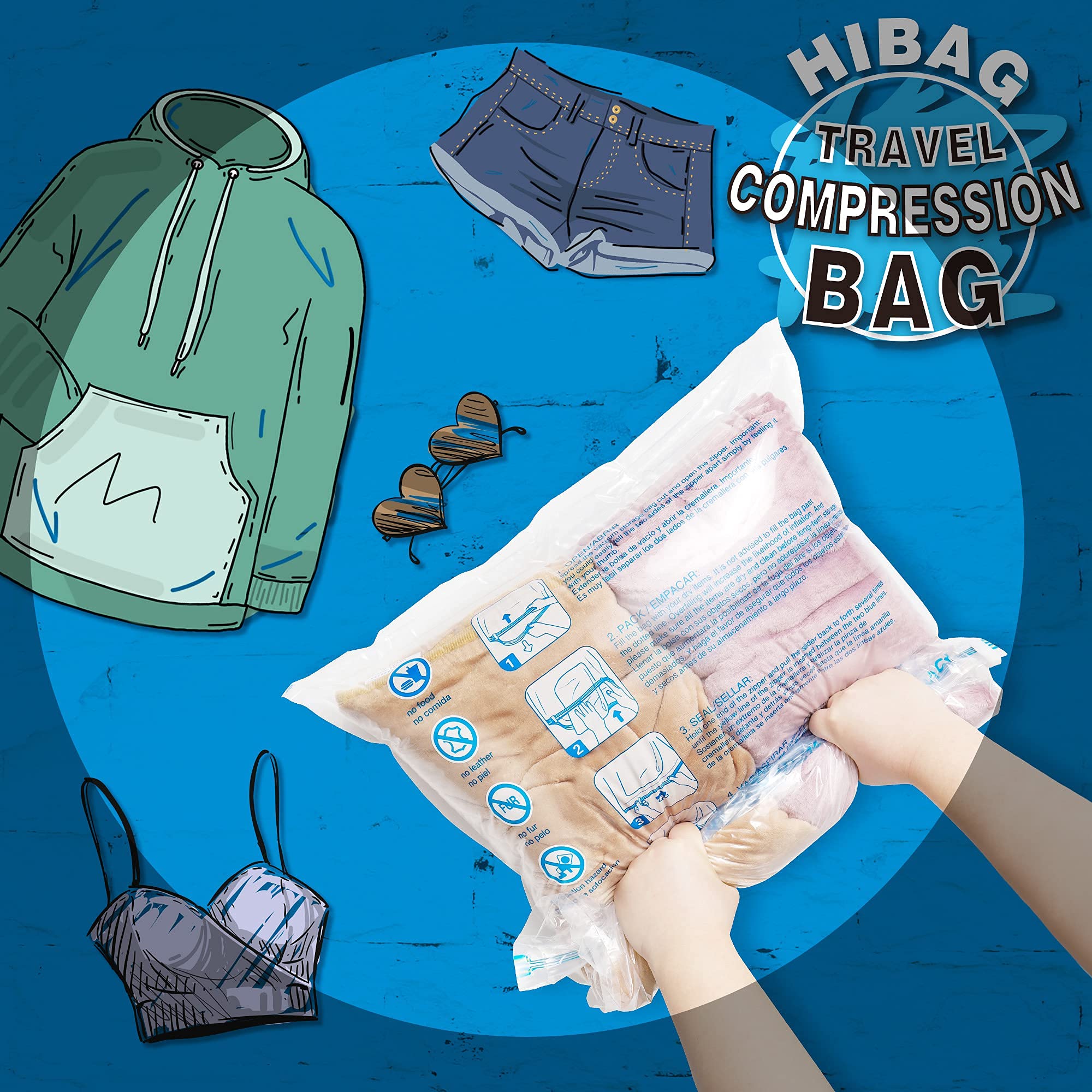 HIBAG 12-Pack Travel Compression Bags - Vacuum Seal Space Saver Storage Bags for Clothes, Blankets & Travel Essentials | Perfect for Cruise, Camping & Airplane Luggage Organization