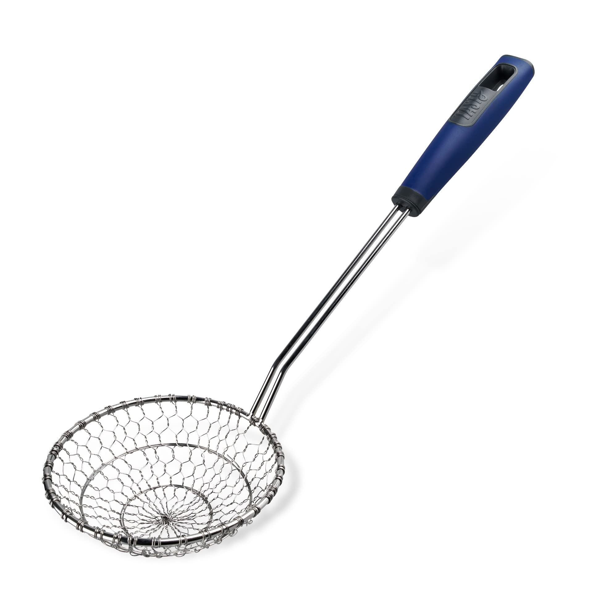 Premium Stainless Steel Spider Strainer Skimmer - Fine Mesh Kitchen Oil Strainer for Frying, Cooking & Deep Frying - Soft-Touch Handle with Dark Blue & Silver Finish - Perfect for Asian Stir Fry, Tempura, Donuts & French Fries