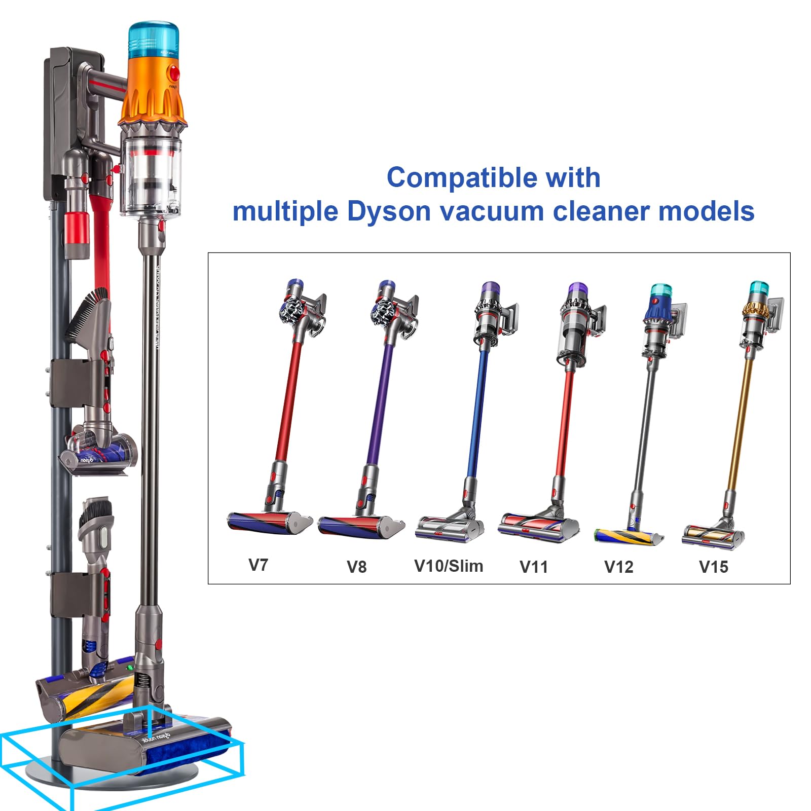 Dyson V7 V8 V10 V11 V12 V15 Vacuum Stand - Metal Storage Bracket Holder with Removable Clips & Hidden Cable Design | Wall Mount Charging Station for Cordless Stick Vacuums | Perfect for Home, Garage & Closet Organization