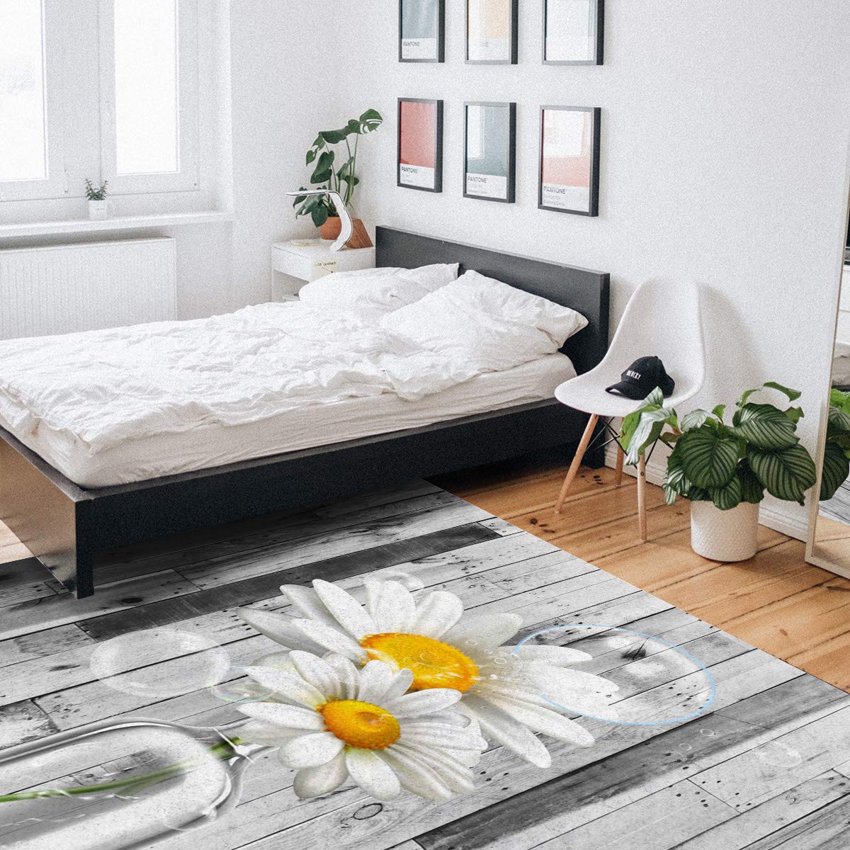 4'x7' Area Runner Rug with Daisy Flowers & Wood Texture - Washable Indoor/Outdoor Carpet for Kitchen, Living Room, Bathroom, Bedroom, Classroom & Laundry Room - Perfect Welcome Mat & Desk Decor for Home & Office
