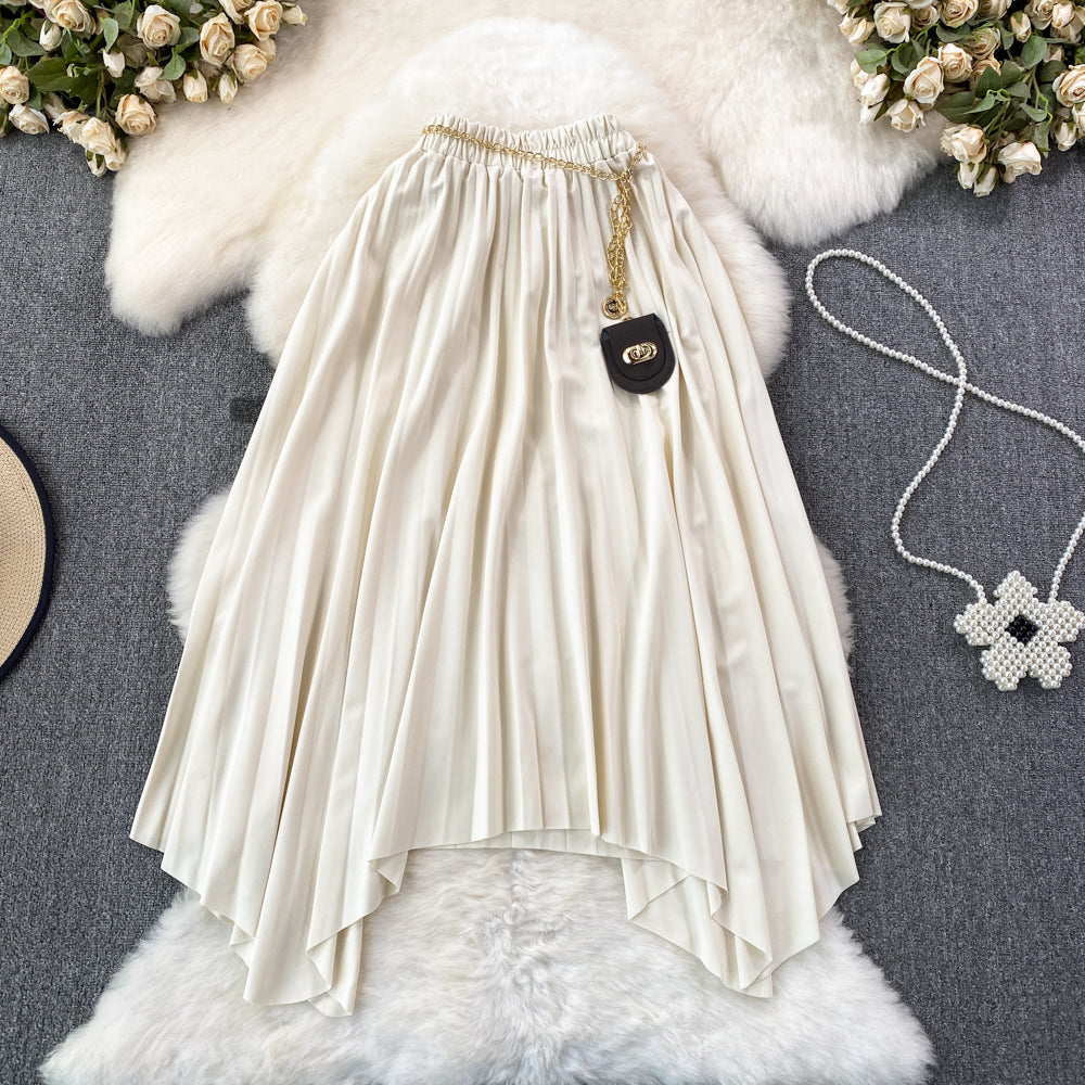 High Waist Pleated A-Line Skirt - Mid Length Irregular Hem Women's Fashion Skirt for Casual Wear, Office & Party Outfits