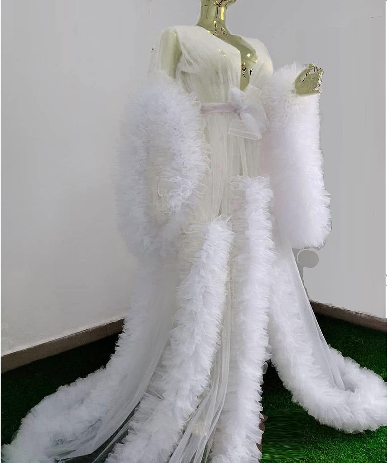 Elegant Long Tulle Bridal Robe with Open Front & Ruffle Details - Lingerie Nightgown for Wedding, Maternity Photoshoot & Special Occasions
