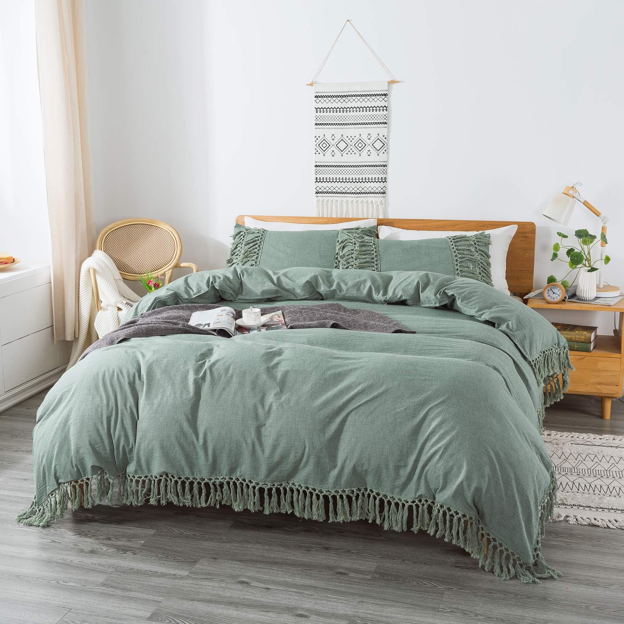 Sage Green Tassel Duvet Cover Set King Size - 100% Washed Cotton Soft Breathable Bedding (1 Duvet Cover + 2 Pillowcases) for All Seasons | Perfect for Master Bedroom, Guest Room & Cozy Home Decor