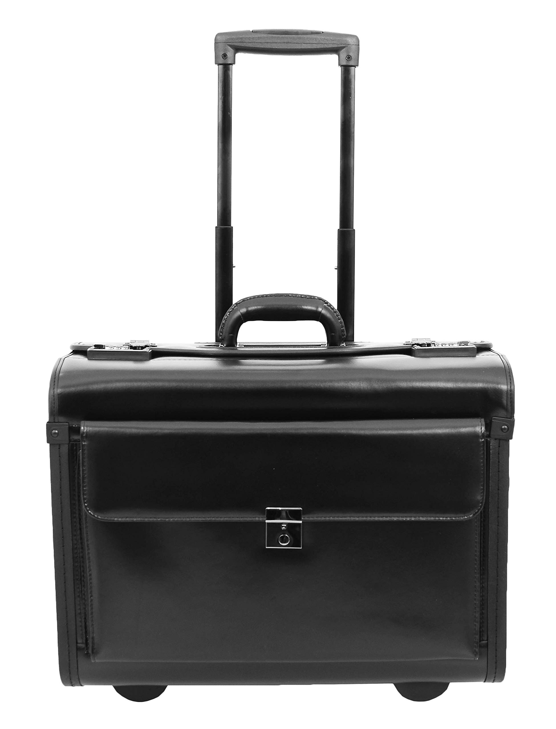 Black Leather Rolling Pilot Case - Business Travel Laptop Bag with Wheels for Flight Attendants & Professionals | Durable Cabin Luggage for Air Travel, Office Commute & Business Trips (Houston)