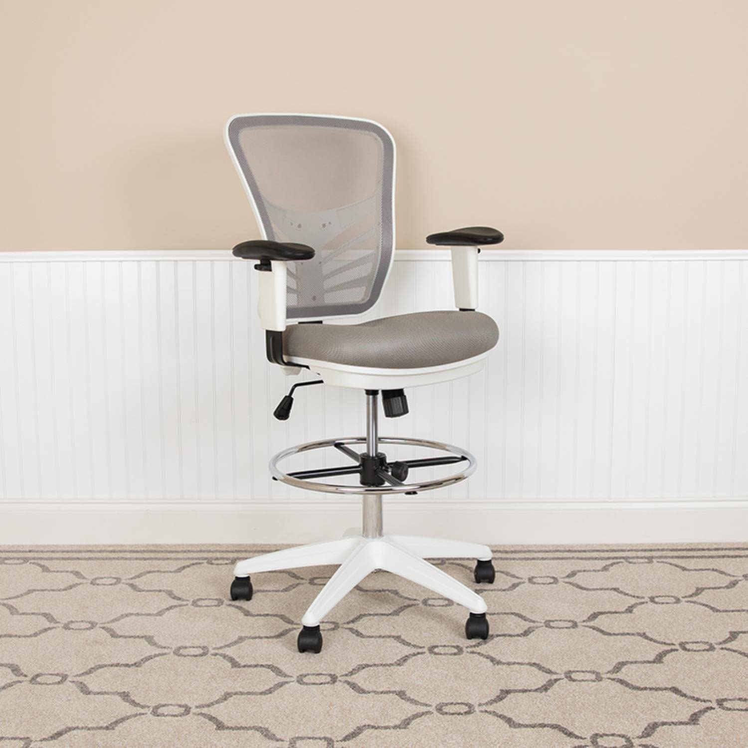 Flash Furniture Tyler Mid-Back Ergonomic Mesh Drafting Chair - Light Gray with Adjustable Arms, Chrome Foot Ring & White Frame - Perfect for Office, Home Studio & Architectural Workstations