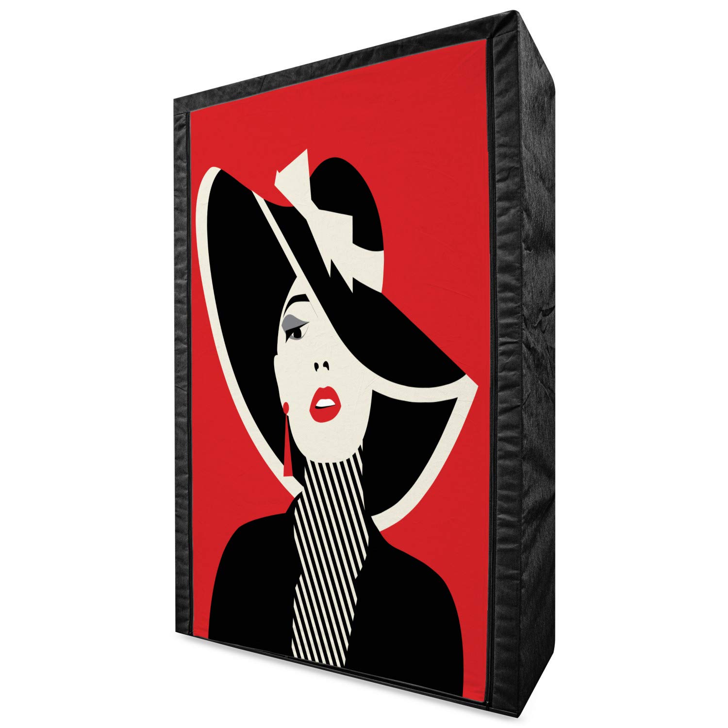 Ambesonne Vintage French Style Fabric Wardrobe - Portable Clothing Organizer with Shelves, Shabby Chic Hat & Striped Coat Print, 42.5 Inch Black Red - Perfect for Bedroom, Closet & Dorm Storage Solutions