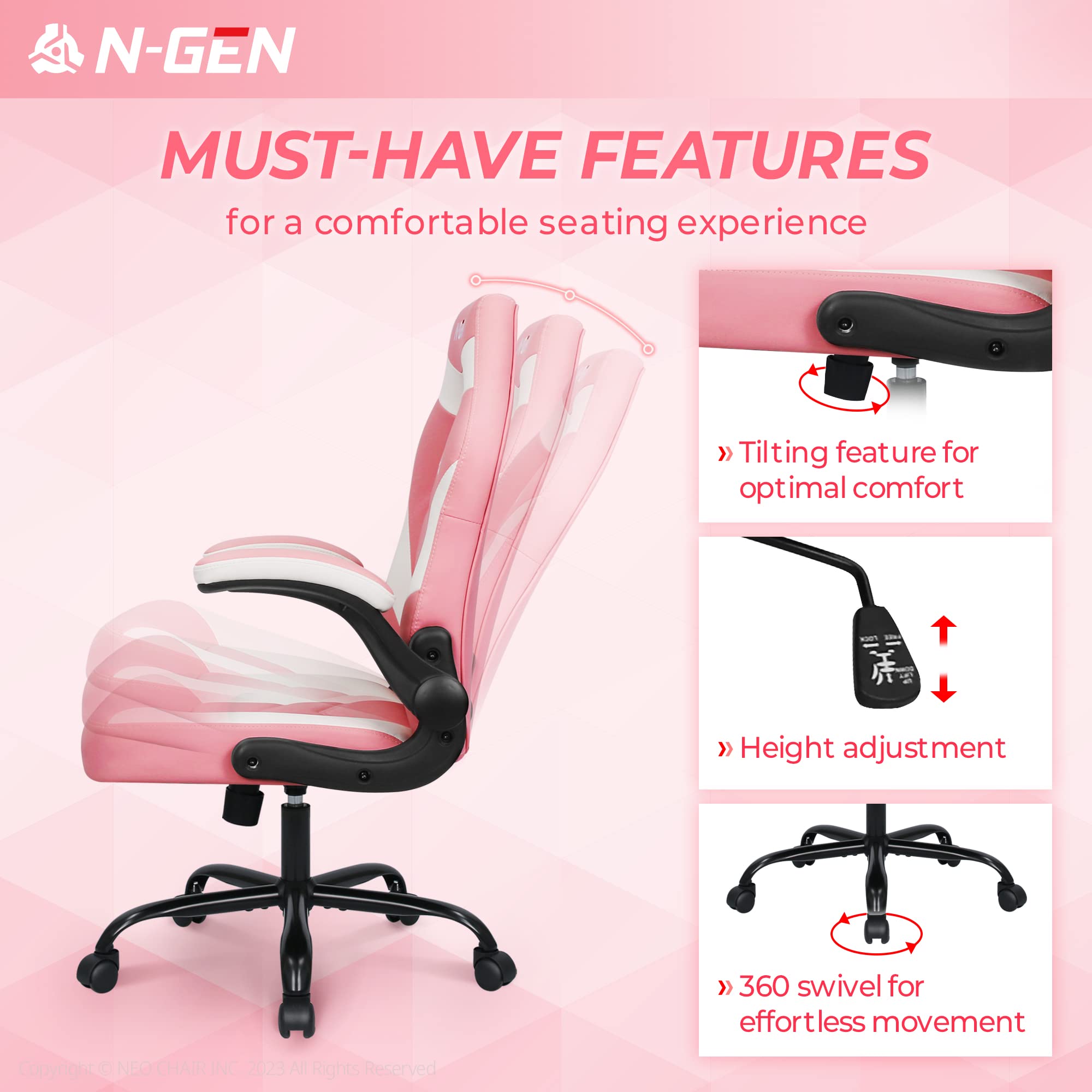 Ergonomic Gaming Chair with Lumbar Support - Adjustable Height & Flip-Up Arms - PU Leather Office Chair for Adults - Home & Workspace Comfort - Pink Executive Design for PC Gamers & Remote Workers