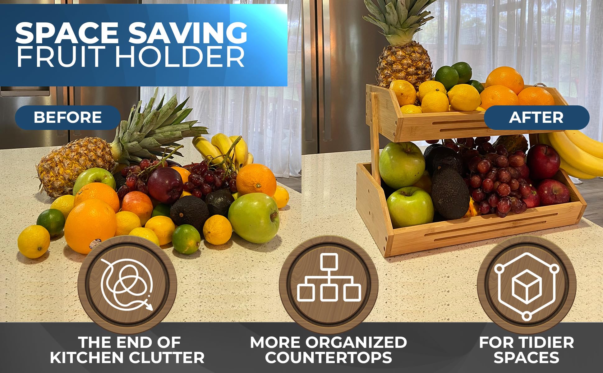 2 Tier Bamboo Fruit Basket with Banana Hanger Hooks - Wooden Kitchen Countertop Organizer for Fruits & Vegetables - Perfect for Home Kitchen, Fruit Shops, and Pantry Storage