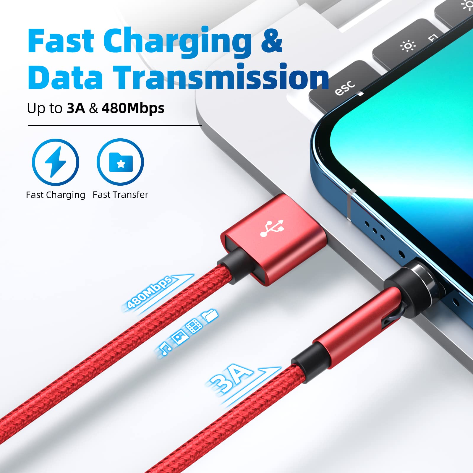 Ankndo 540° Rotating Magnetic Charging Cable 3-in-1 Fast Charger [4-Pack 3ft/6ft/10ft] 3A Quick Charge & Data Sync for iPhone 15/14/13, Samsung, Android - Red | Perfect for Home, Office & Travel Charging