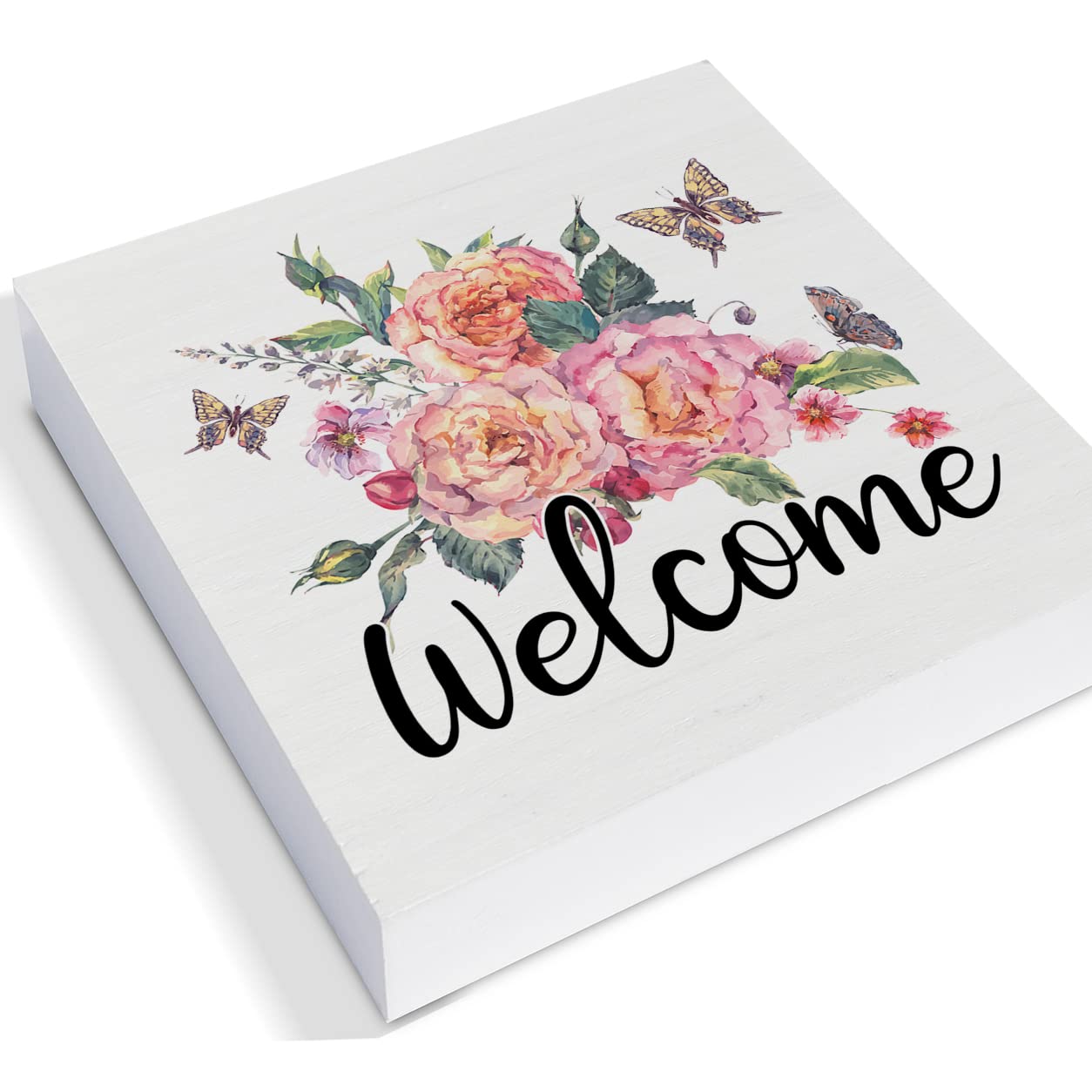 Floral Butterflies Welcome Wooden Box Sign - Farmhouse Spring Decor, 5x5 Inch Wooden Art Block for Desk, Shelf, or Tabletop - Perfect for Home, Office, and Gift Giving