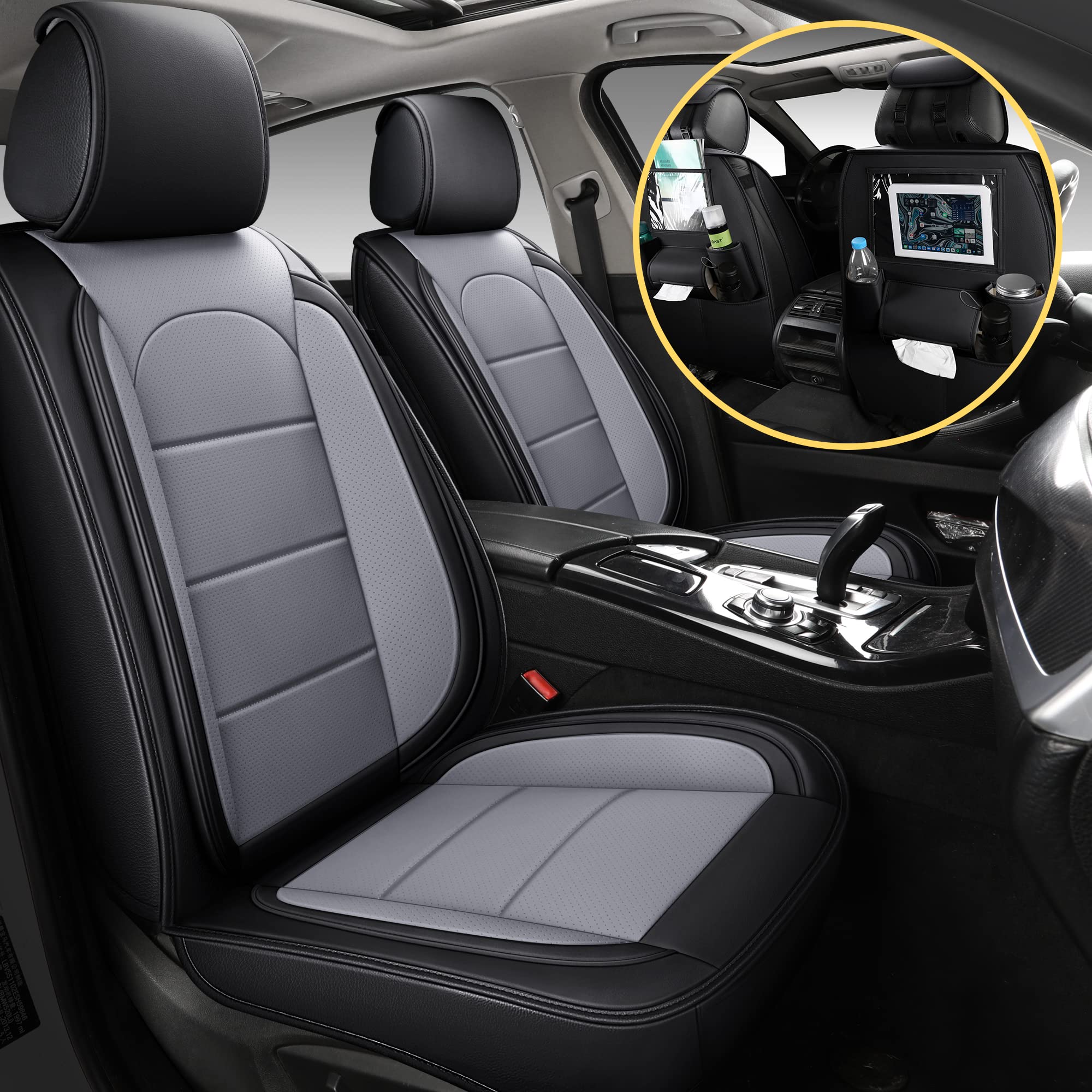 Premium AOOG Leather Car Seat Covers with Backseat Organizer - Universal Fit for Most Sedan, SUV & Pickup Trucks (Front Pair, Black & Grey) - Protect & Upgrade Your Vehicle Interior for Daily Commute & Road Trips